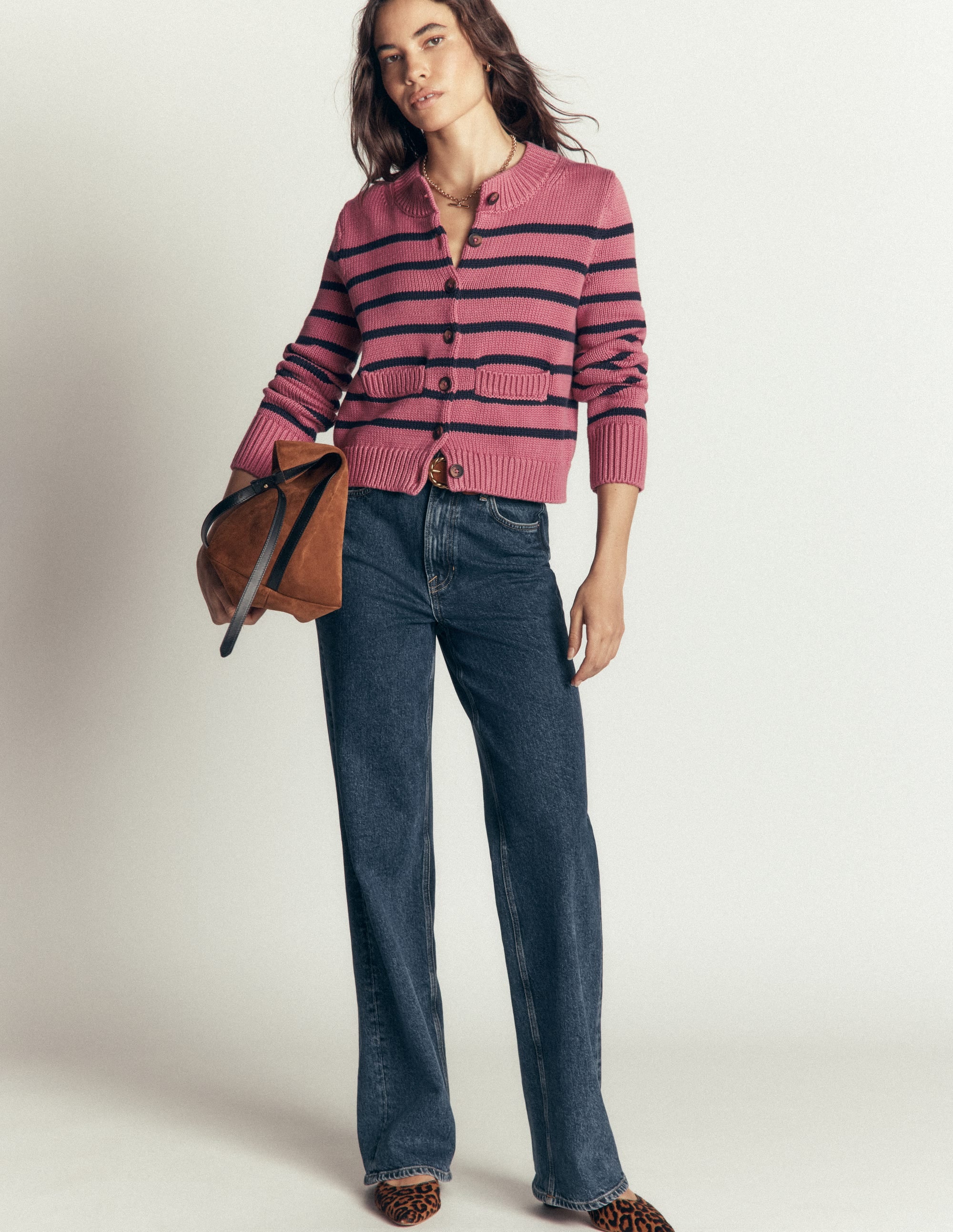 Cardigan Lucy en coton épais-Rayé rose bruyère, bleu marine - Image 4