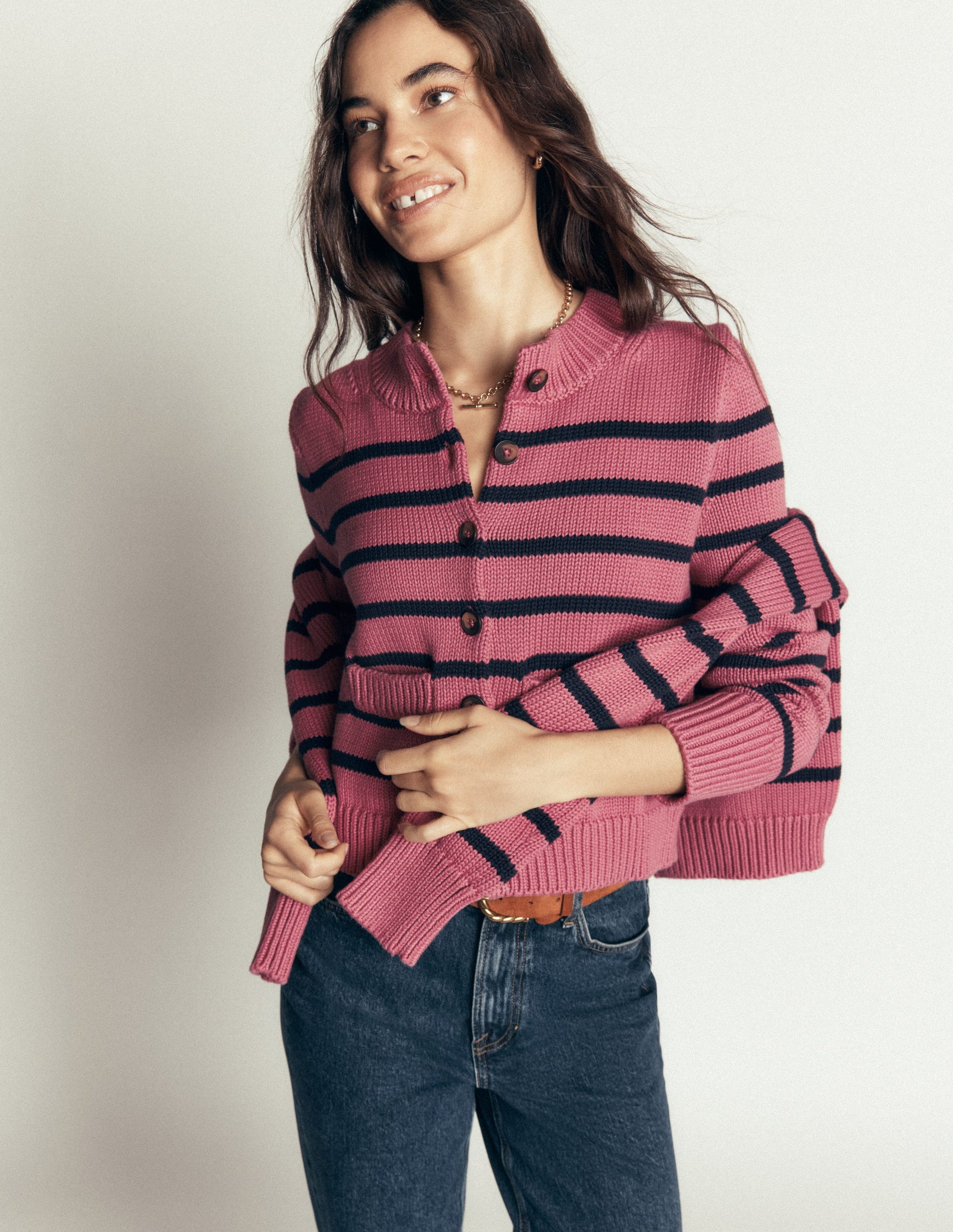 Cardigan Lucy en coton épais-Rayé rose bruyère, bleu marine-5