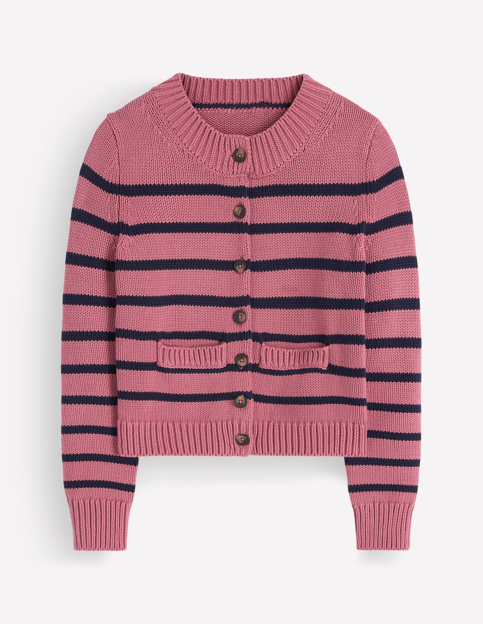 Lucy Grob gestrickte Baumwollstrickjacke-Rosa Heidekraut, Marineblau Streifen-6