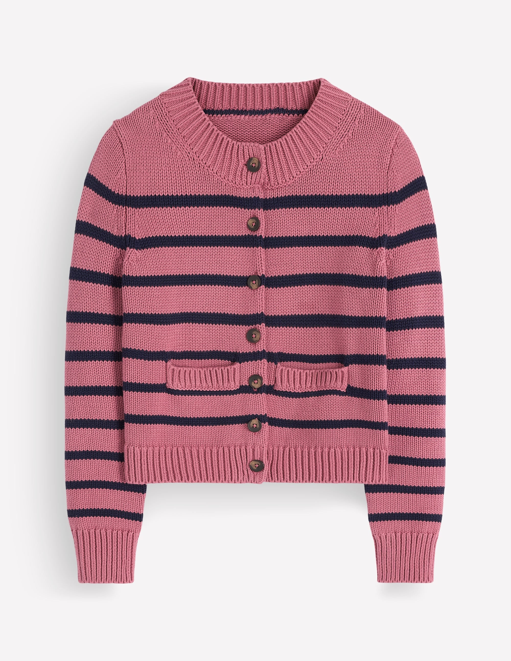 Lucy Grob gestrickte Baumwollstrickjacke-Rosa Heidekraut, Marineblau Streifen - Image 6