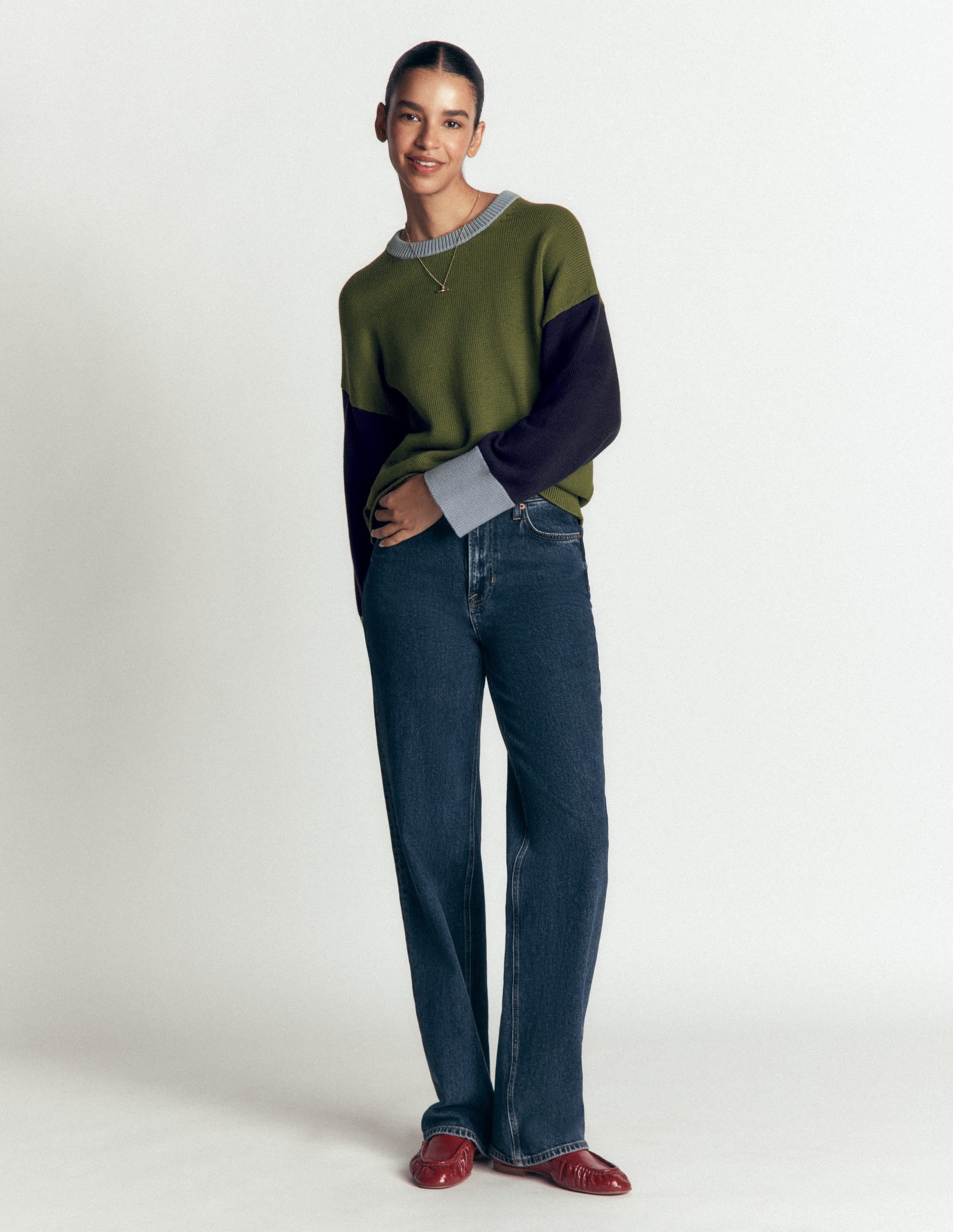 Lucy Lockerer Baumwollpullover-Grün Color Blocking - Image 4