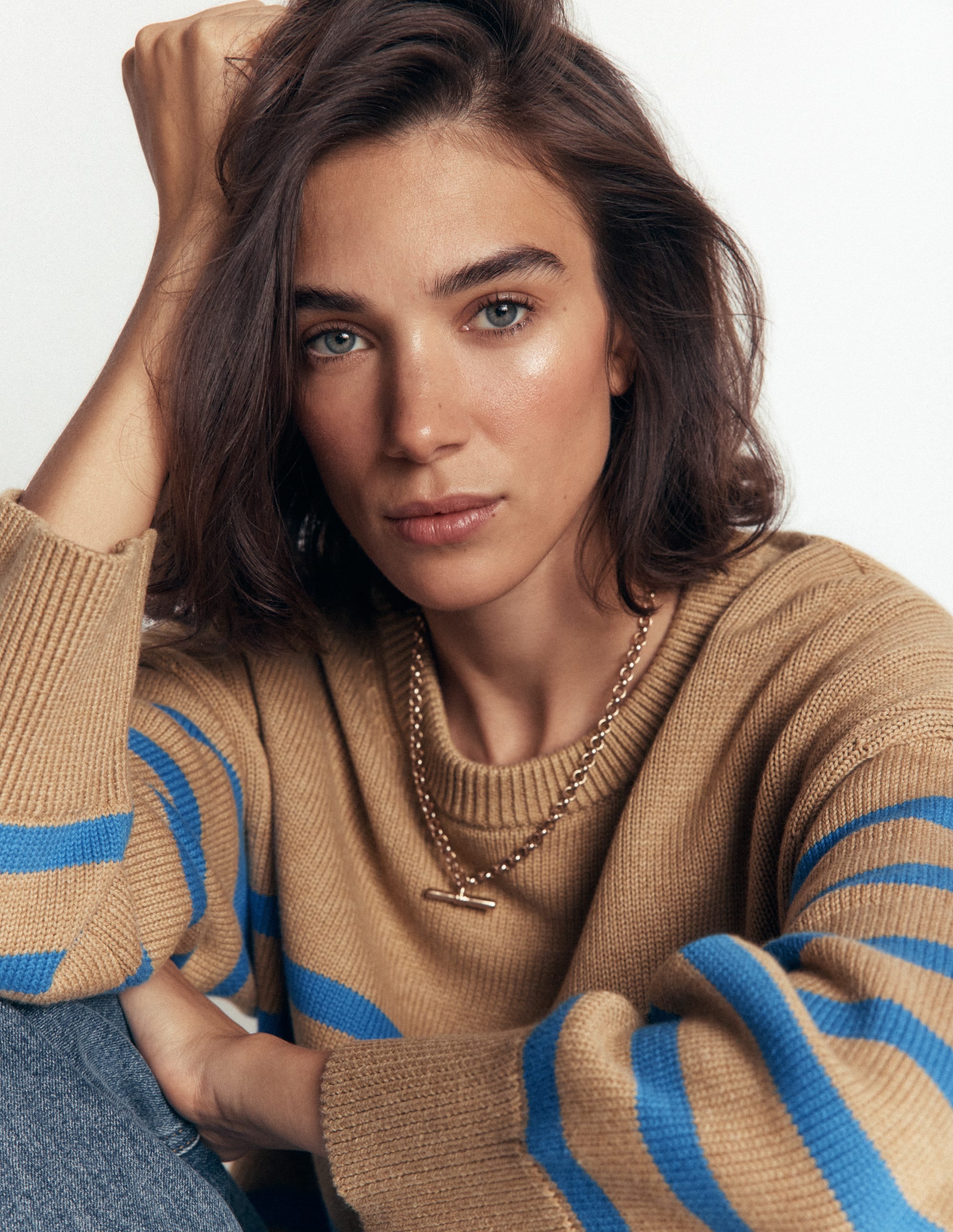 Lucy Lockerer Baumwollpullover-Camel, Blau Streifen - Image 2