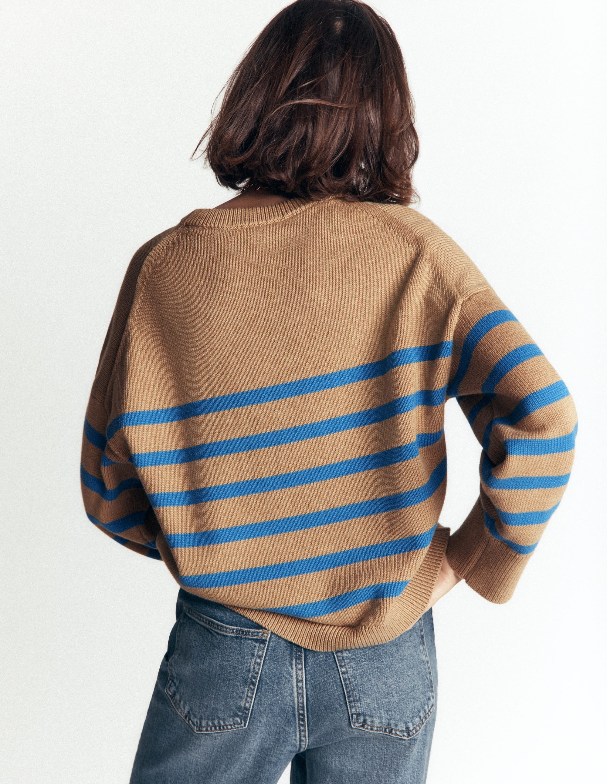 Lucy Lockerer Baumwollpullover-Camel, Blau Streifen - Image 3