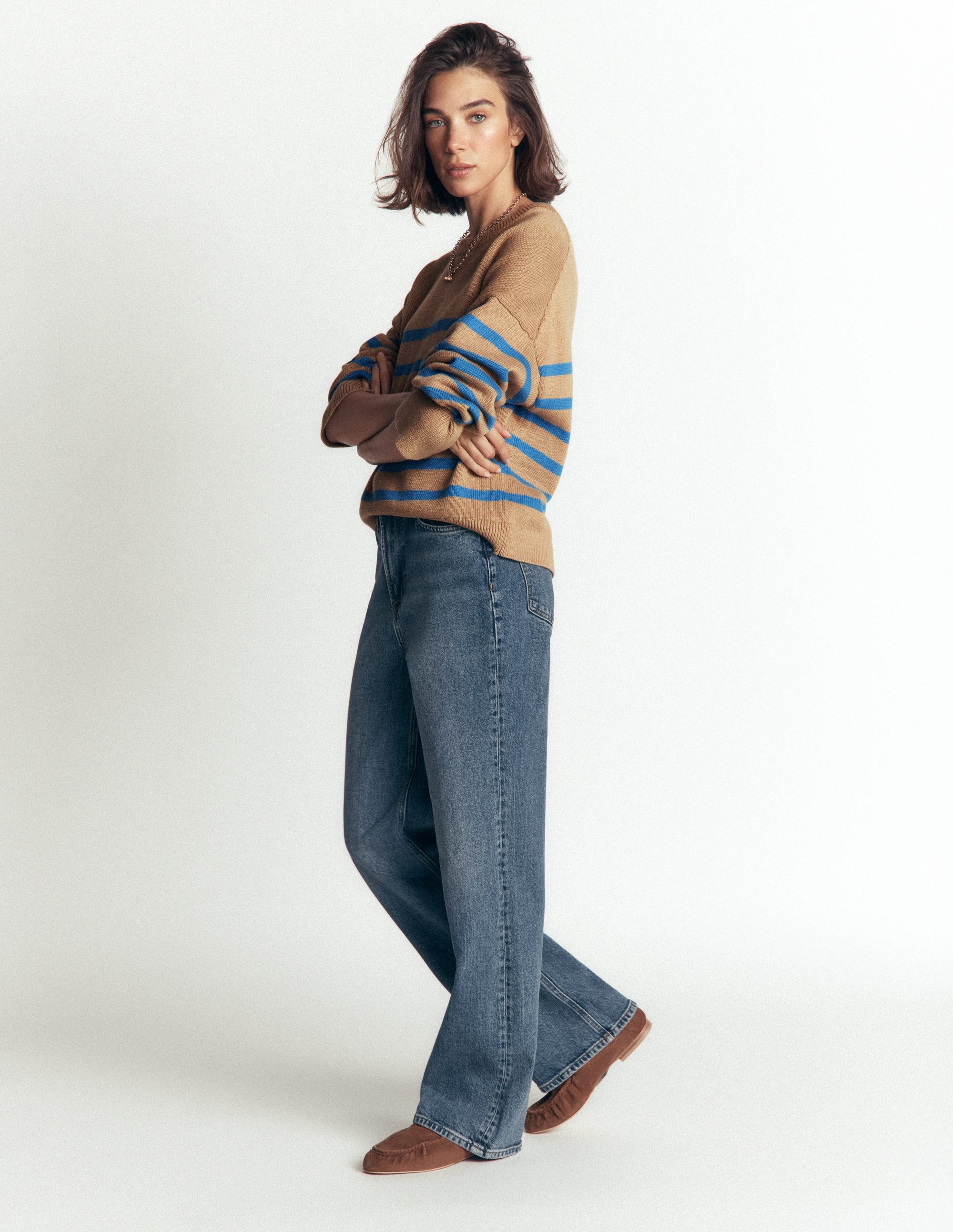 Lucy Lockerer Baumwollpullover-Camel, Blau Streifen - Image 4