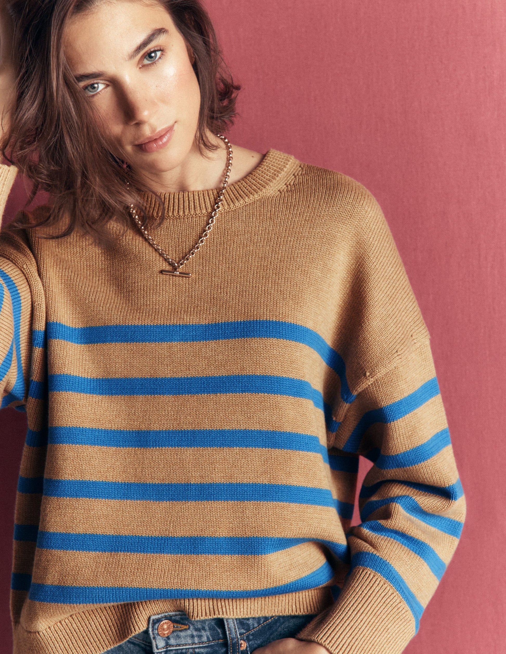 Lucy Lockerer Baumwollpullover-Camel, Blau Streifen-5