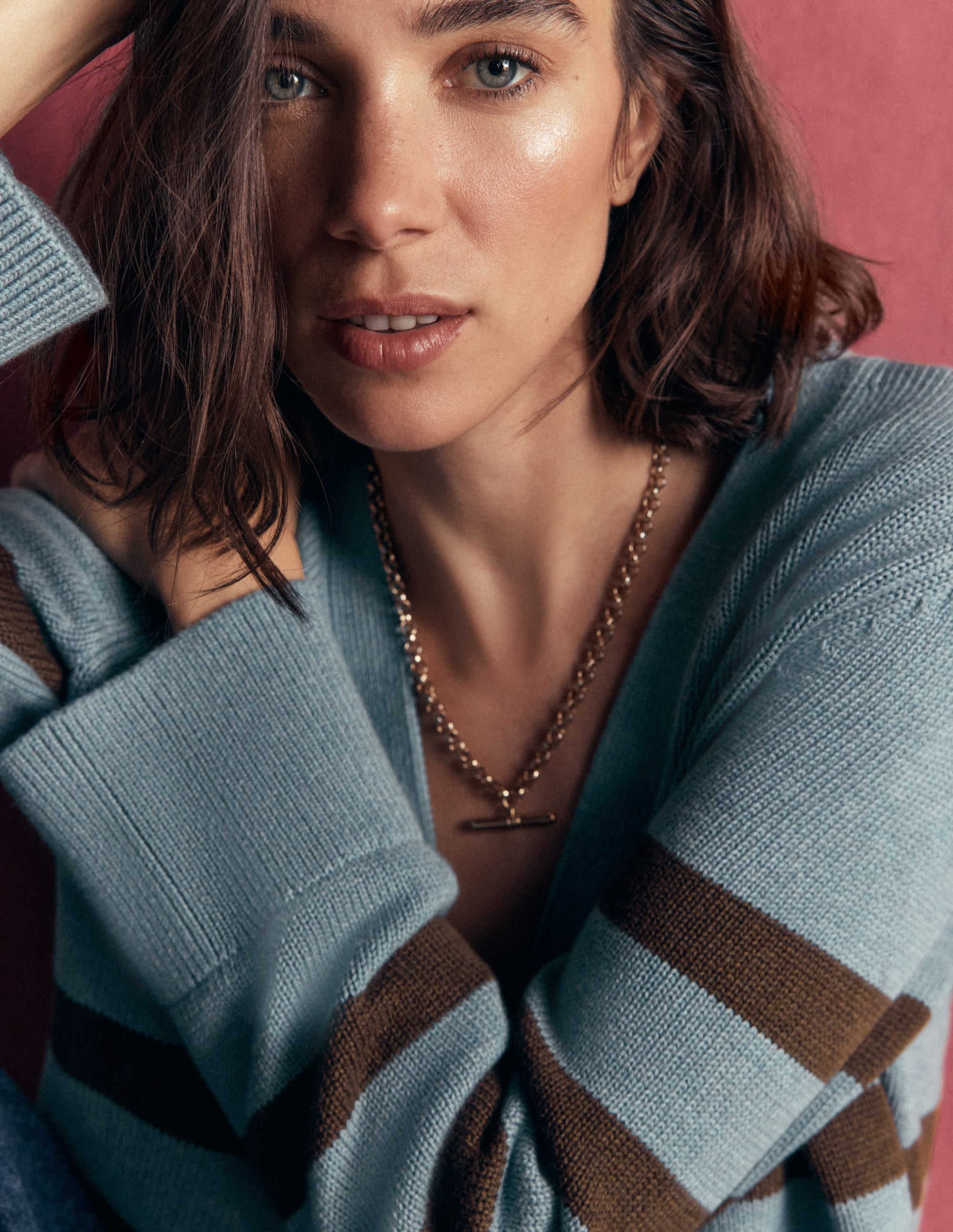 Lucy Lockere Strickjacke aus Baumwolle-Pavillon Blau, Braune Streifen - Image 3