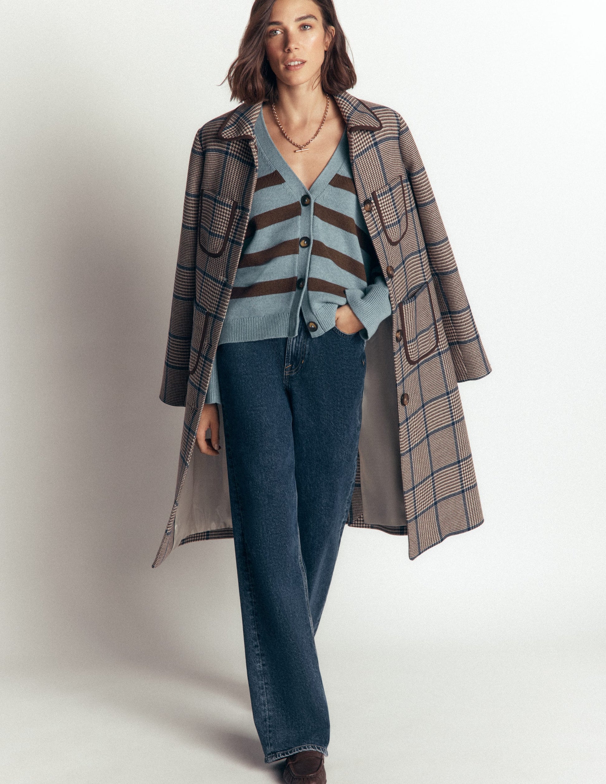 Lucy Lockere Strickjacke aus Baumwolle-Pavillon Blau, Braune Streifen-5