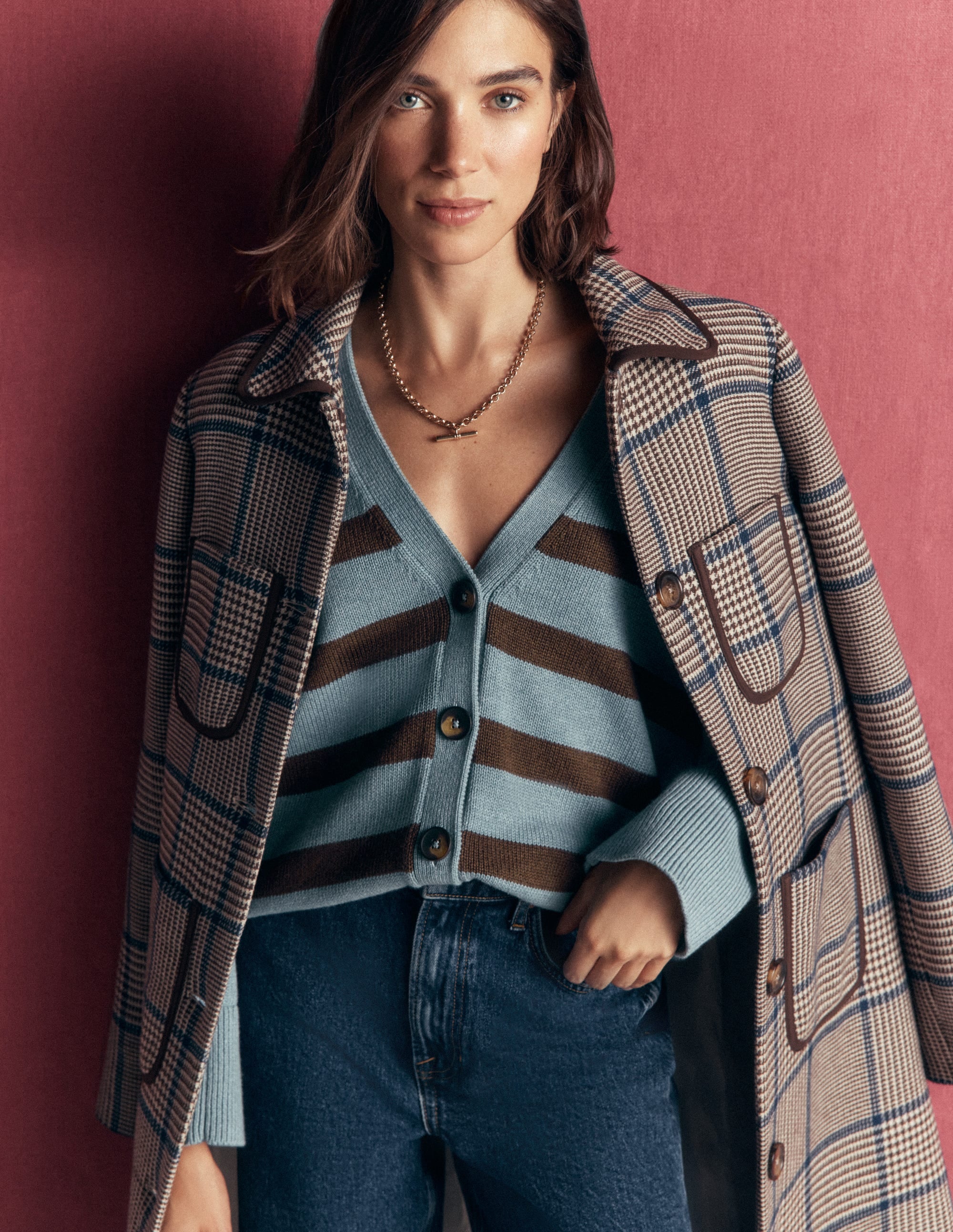 Lucy Lockere Strickjacke aus Baumwolle-Pavillon Blau, Braune Streifen - Image 6