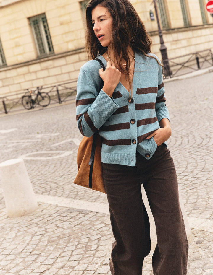 Lucy Lockere Strickjacke aus Baumwolle-Pavillon Blau, Braune Streifen
