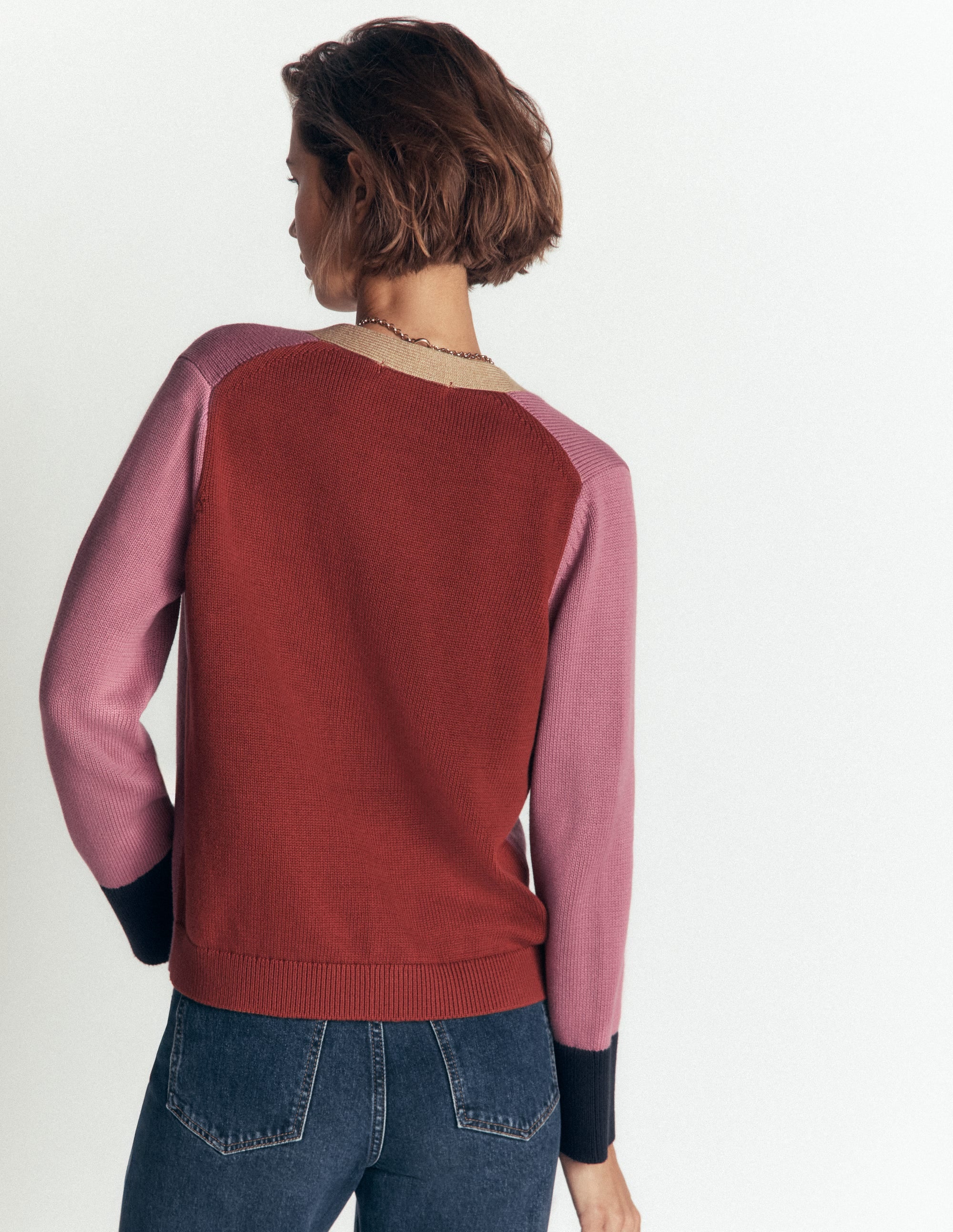 Lucy Lockere Strickjacke aus Baumwolle-Rosa Heidekraut Color Blocking - Image 2
