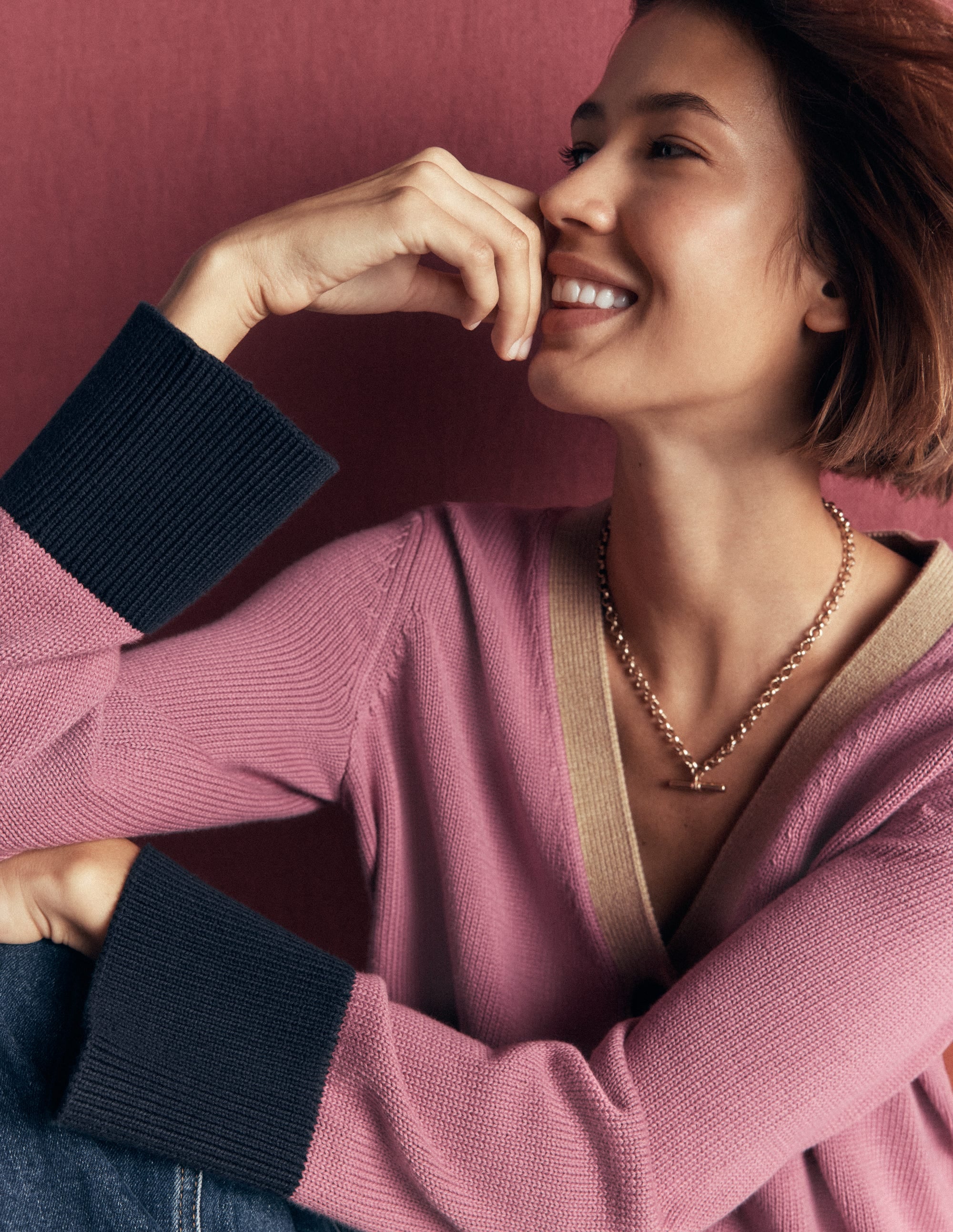 Lucy Lockere Strickjacke aus Baumwolle-Rosa Heidekraut Color Blocking - Image 3