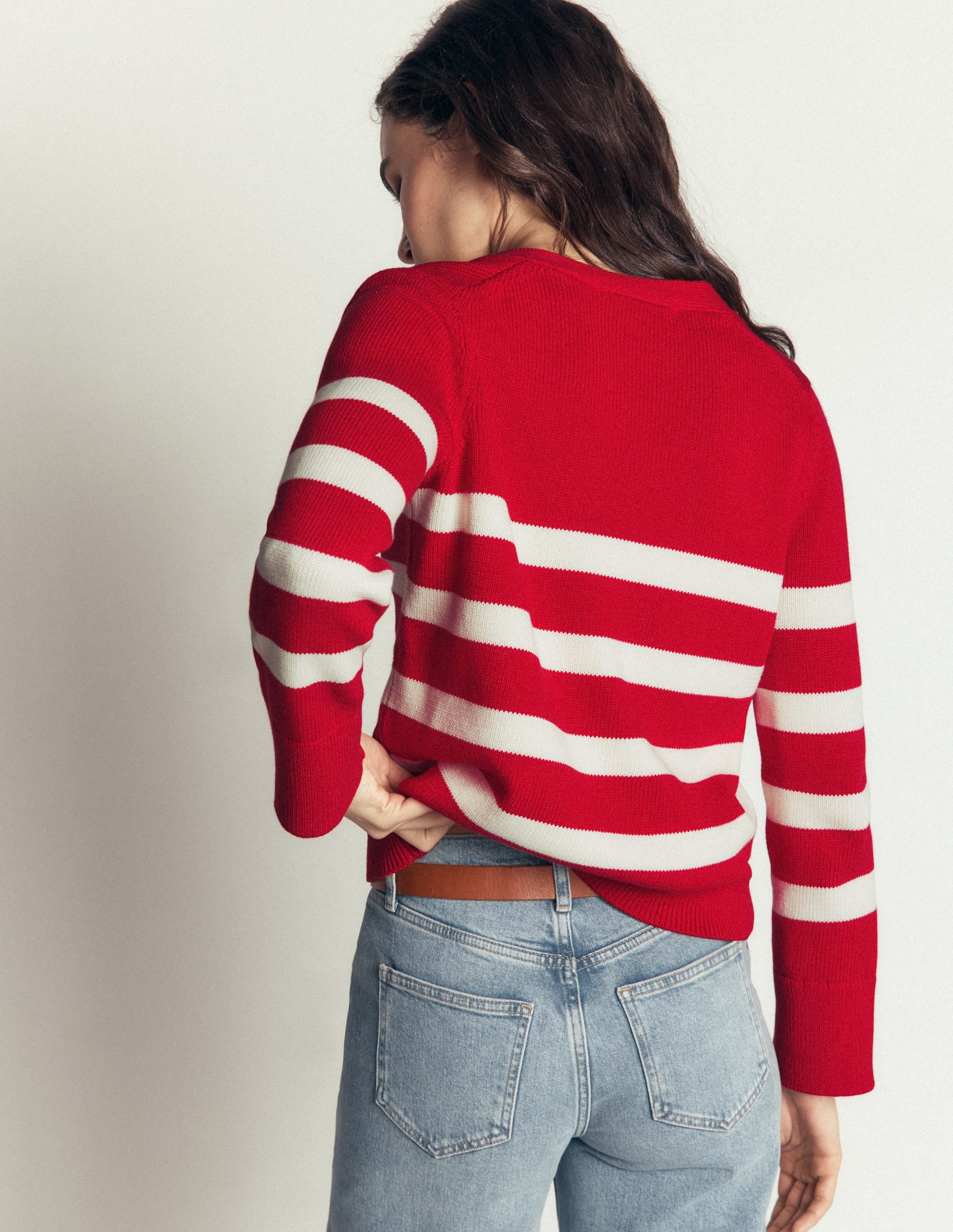 Lucy Relaxed Cotton Cardigan-Deep Red, Ivory Stripe - Image 3