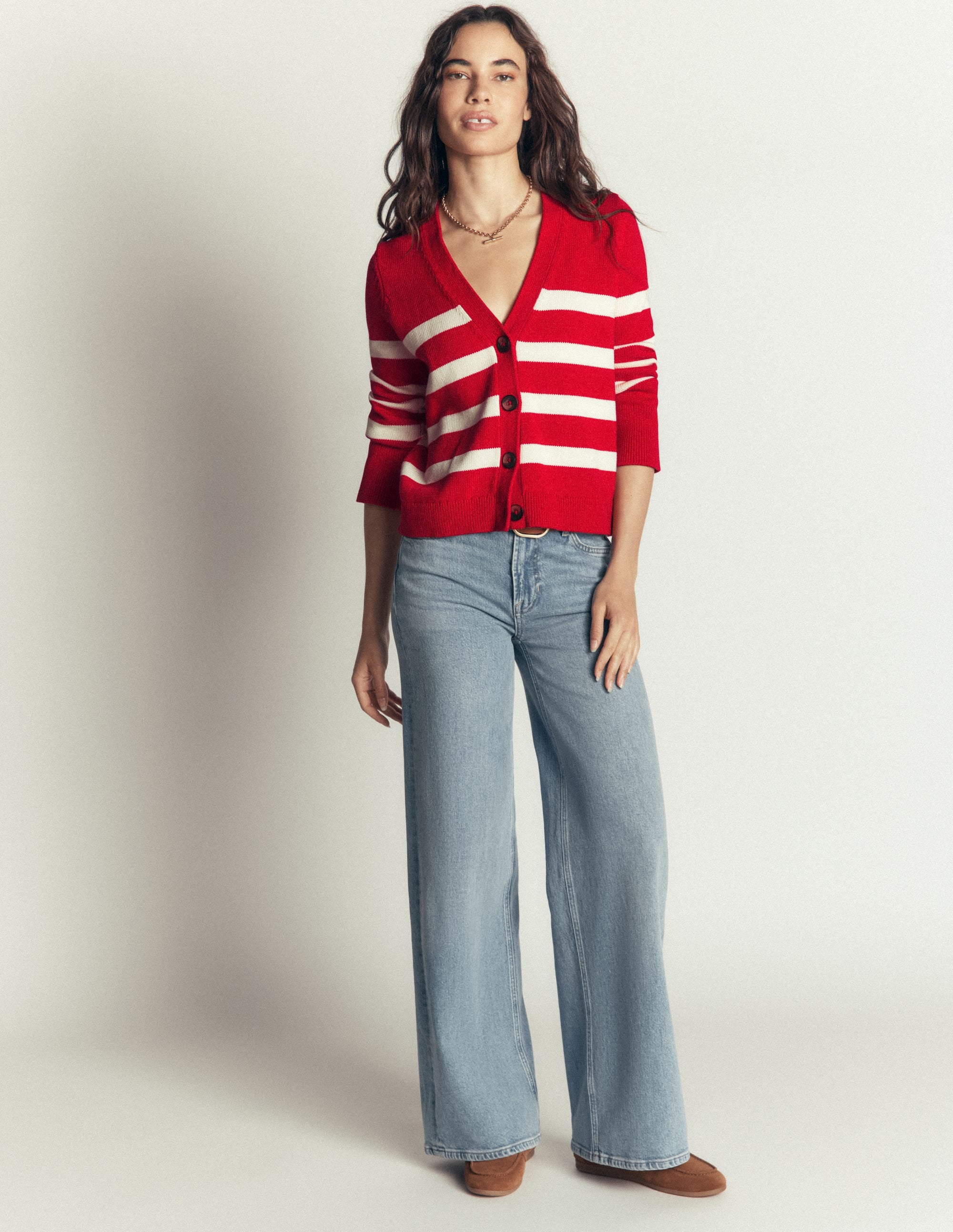 Lucy Relaxed Cotton Cardigan-Deep Red, Ivory Stripe - Image 4