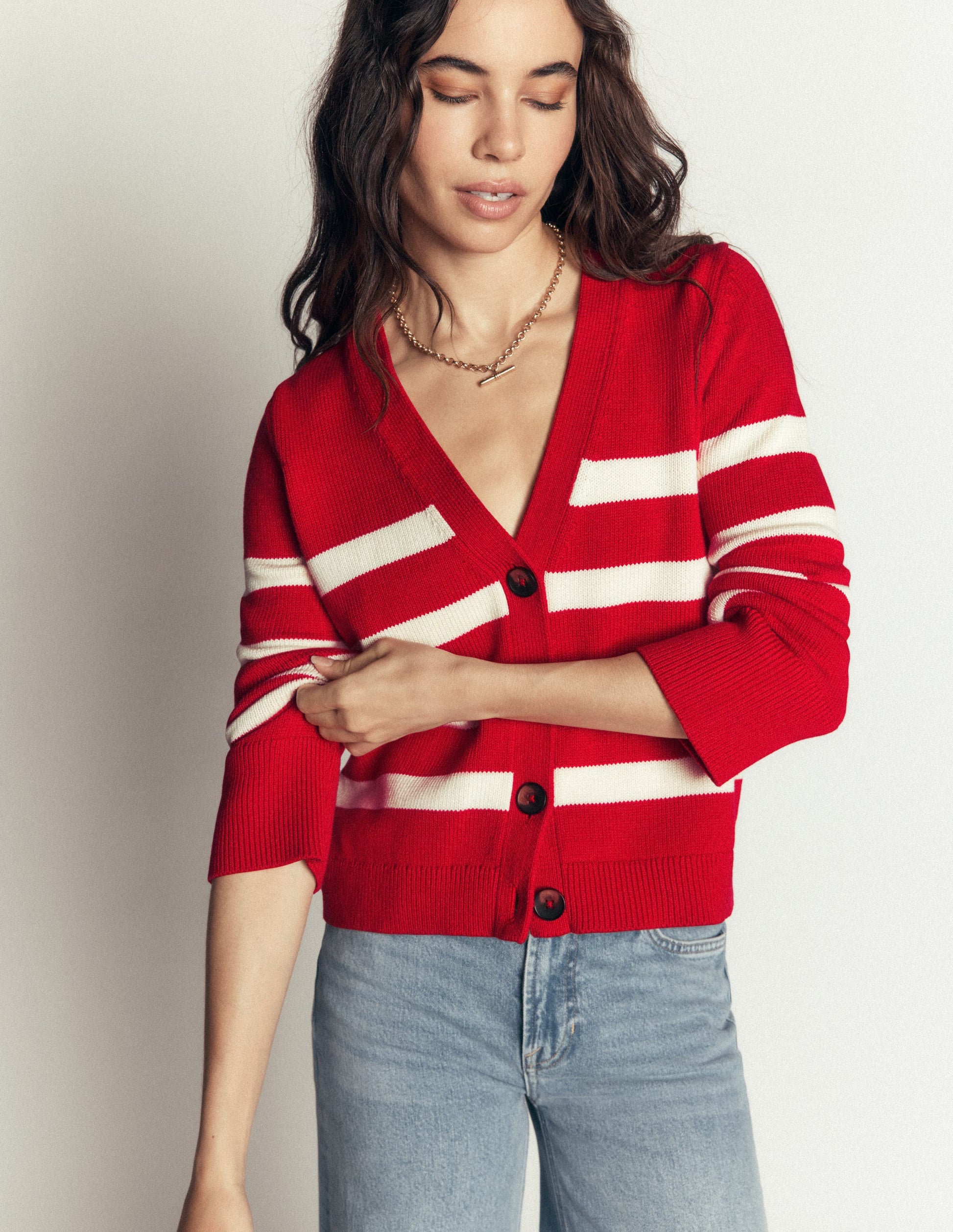 Lucy Relaxed Cotton Cardigan-Deep Red, Ivory Stripe-5