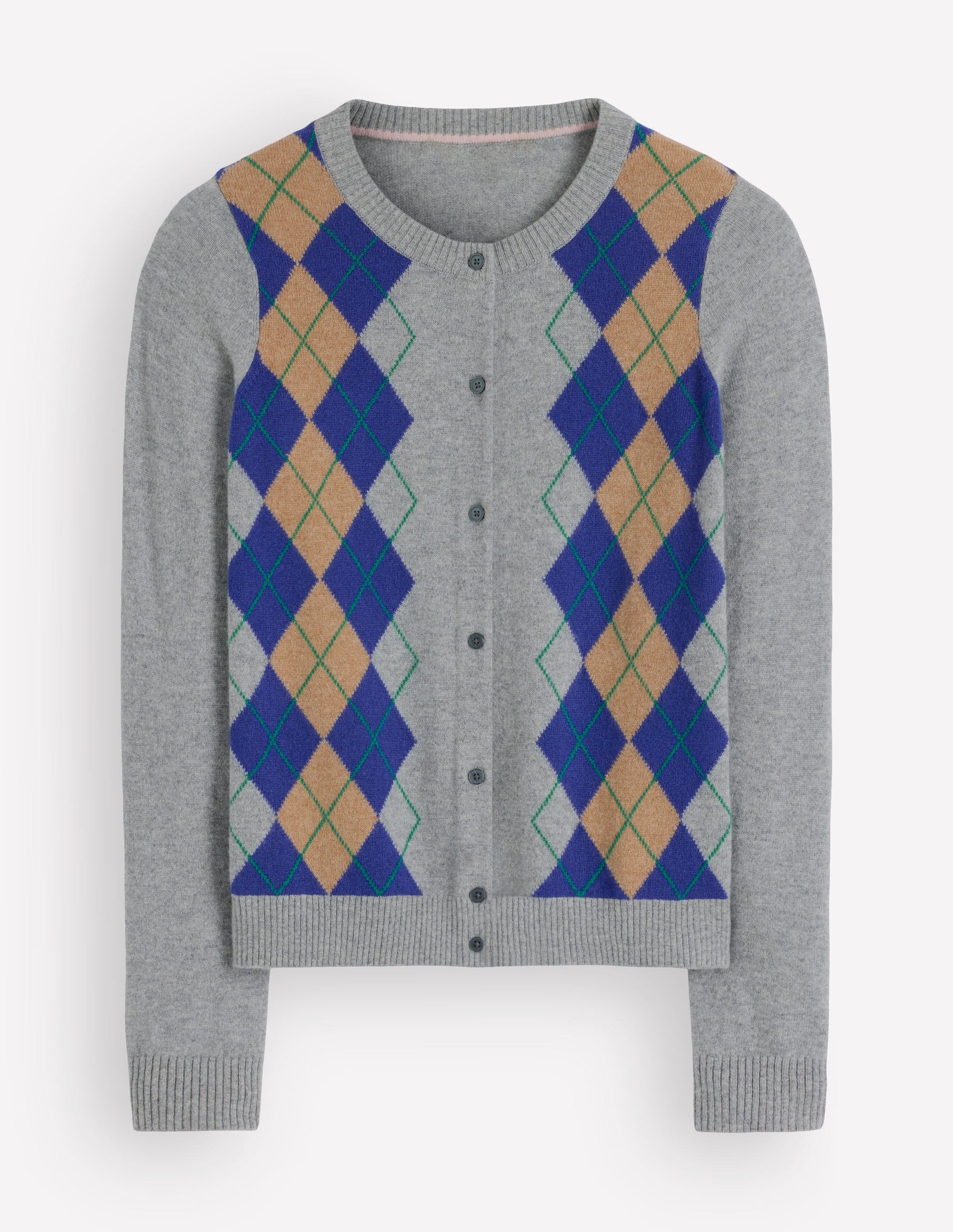 Elsie Kaschmir-Strickjacke mit Rundhalsausschnitt-Grau Argyle-6