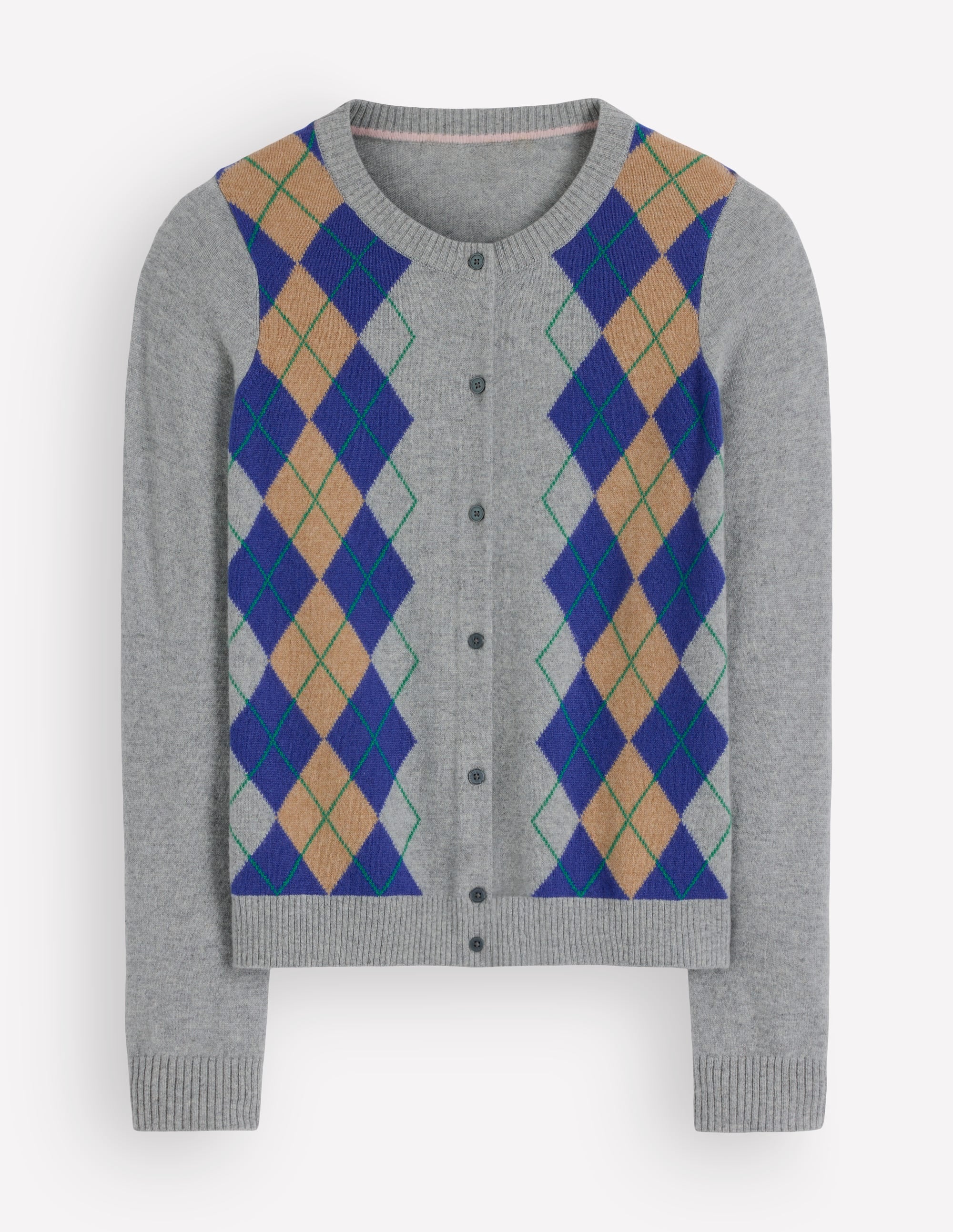 Elsie Kaschmir-Strickjacke mit Rundhalsausschnitt-Grau Argyle - Image 6