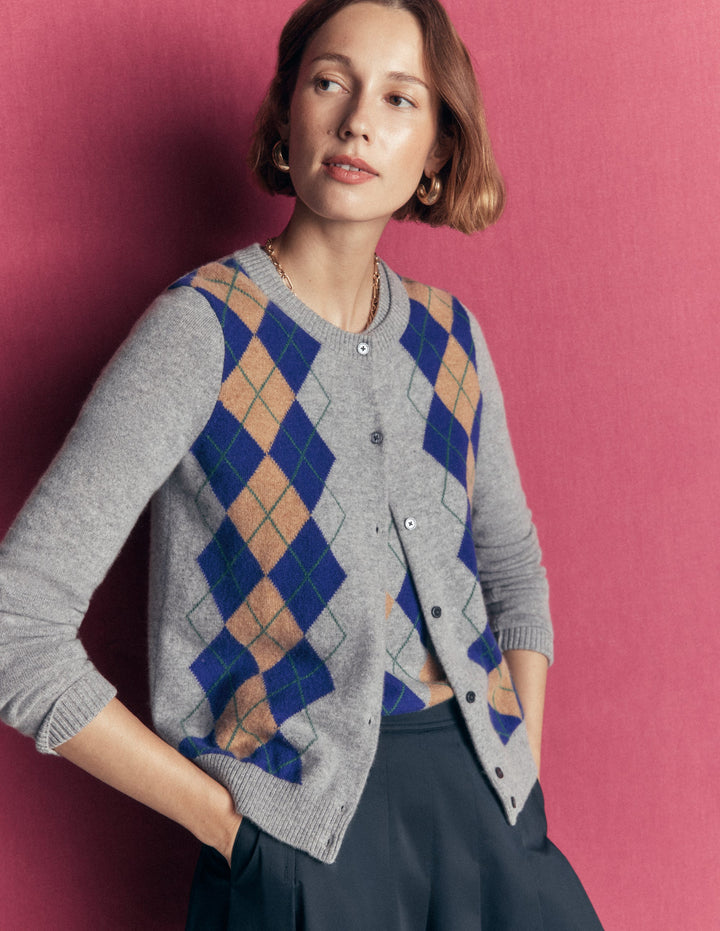 Elsie Cashmere Crew Cardigan-Grey Argyle