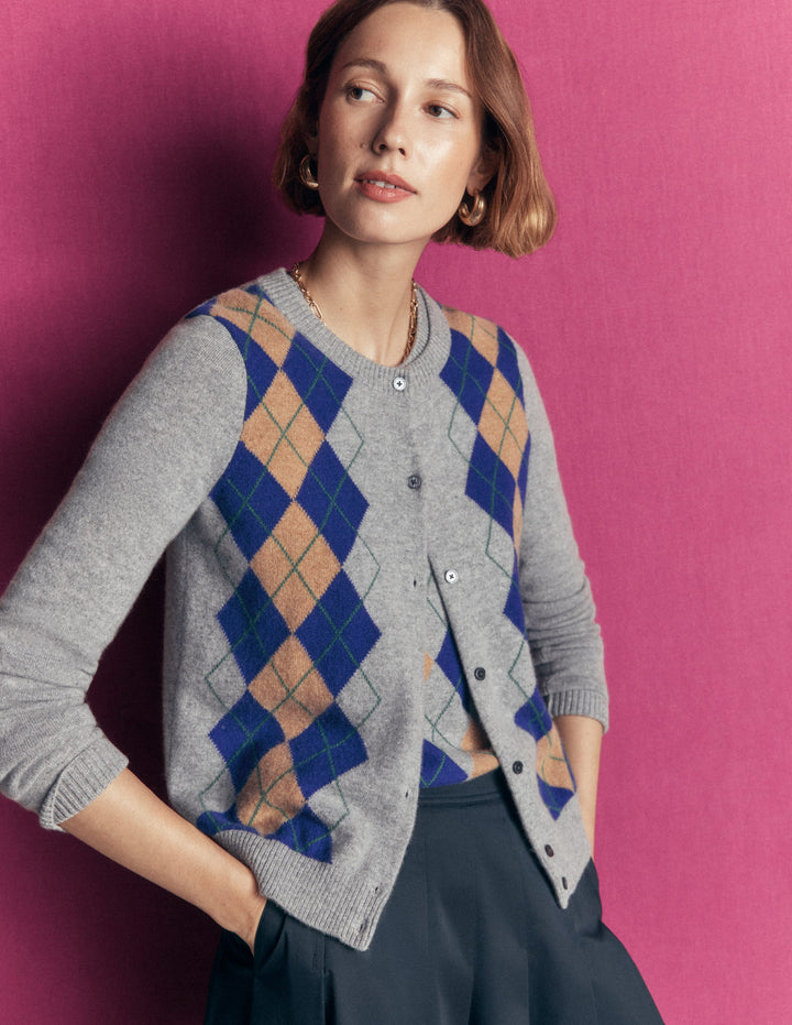 Elsie Kaschmir-Strickjacke mit Rundhalsausschnitt-Grau Argyle