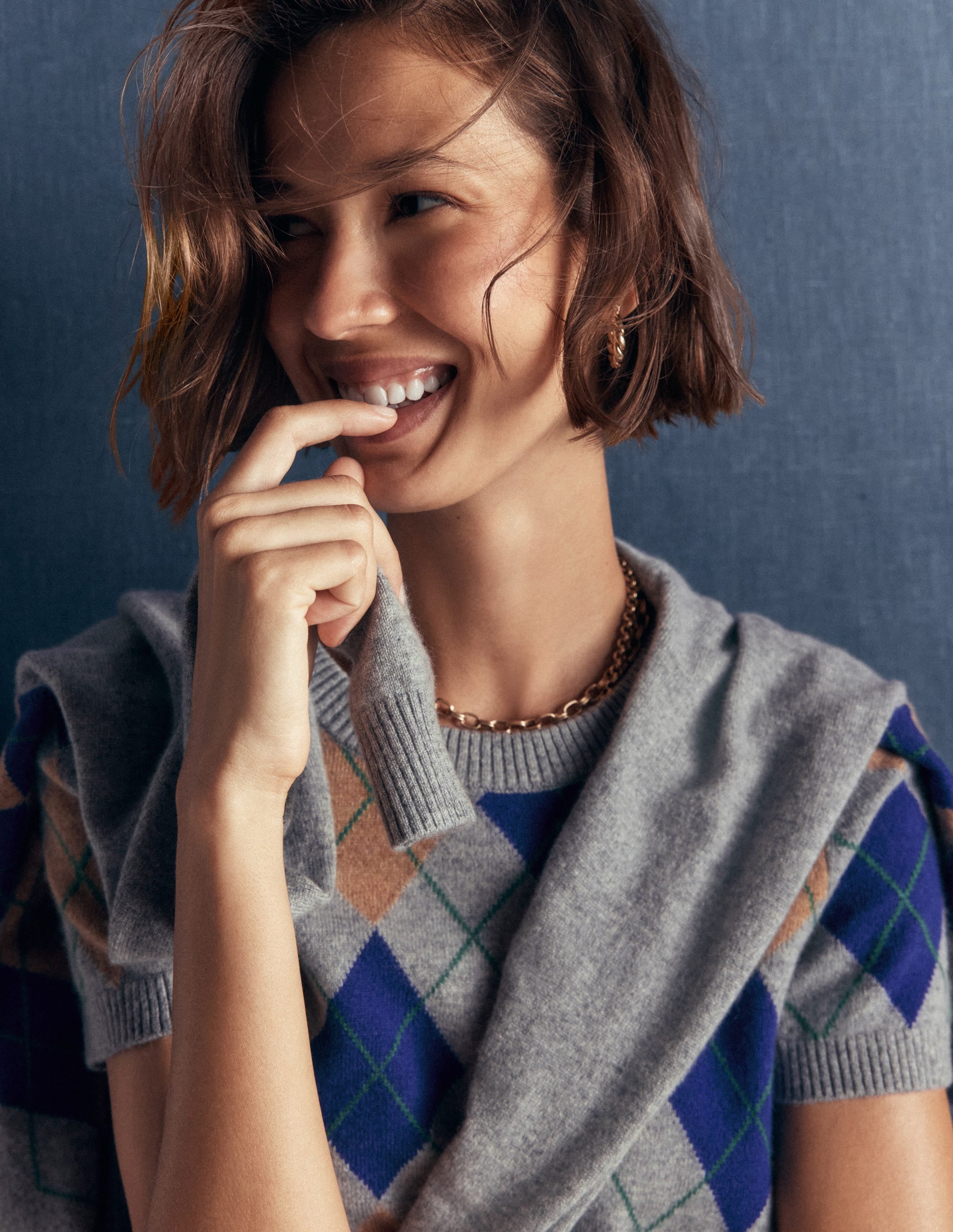 Elsie Kaschmir-Strickjacke mit Rundhalsausschnitt-Grau Argyle - Image 8