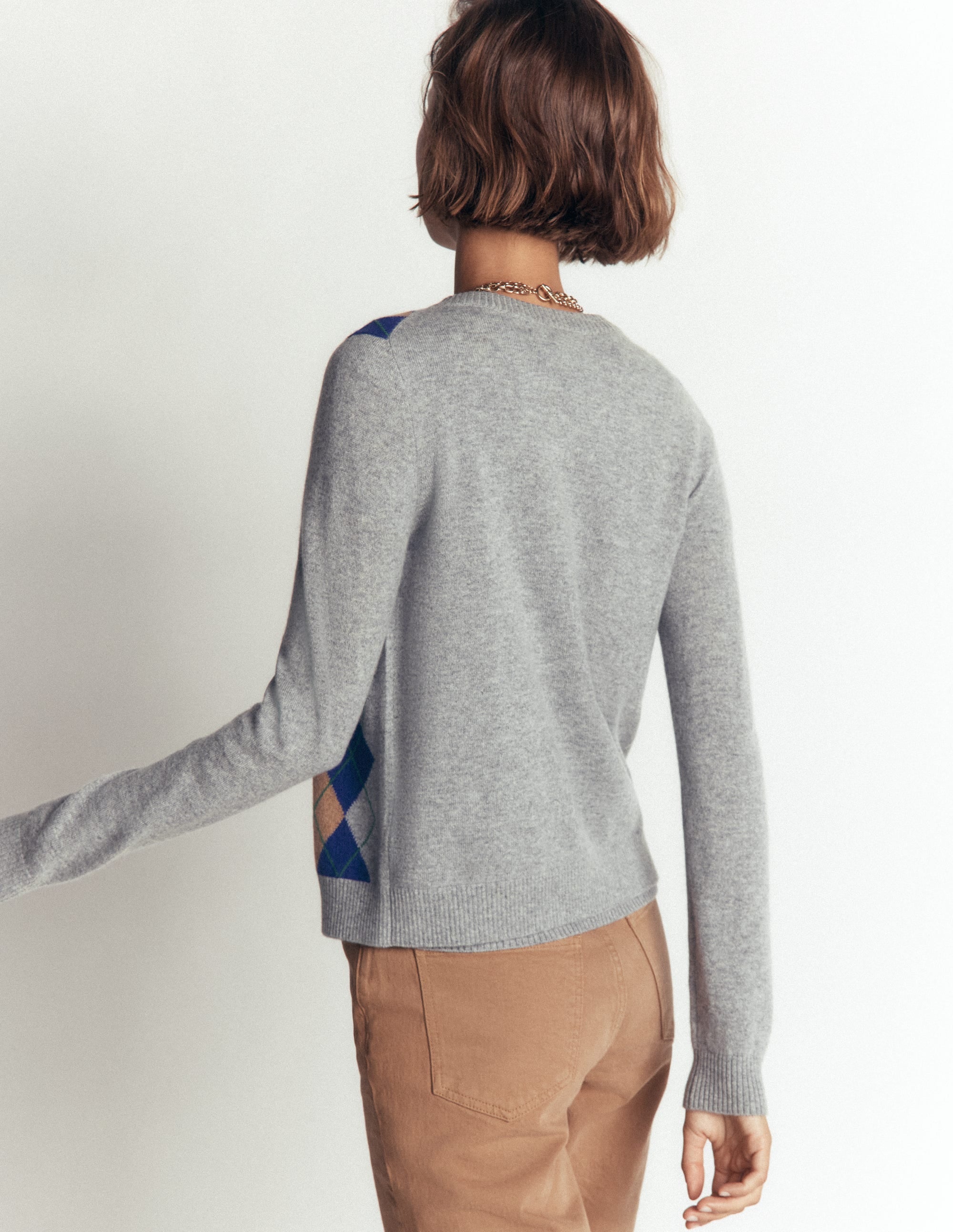 Elsie Kaschmir-Strickjacke mit Rundhalsausschnitt-Grau Argyle - Image 2