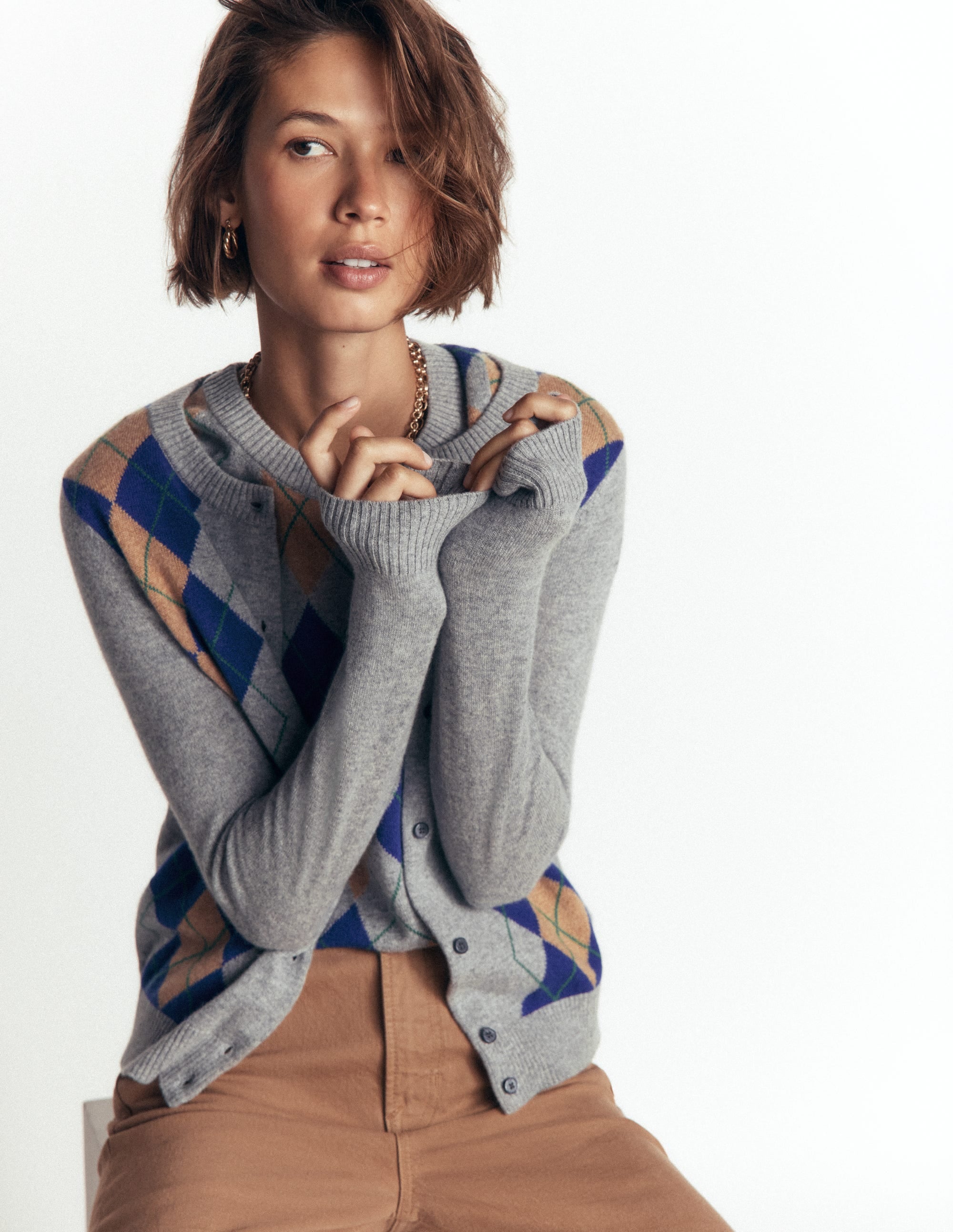 Elsie Kaschmir-Strickjacke mit Rundhalsausschnitt-Grau Argyle - Image 3