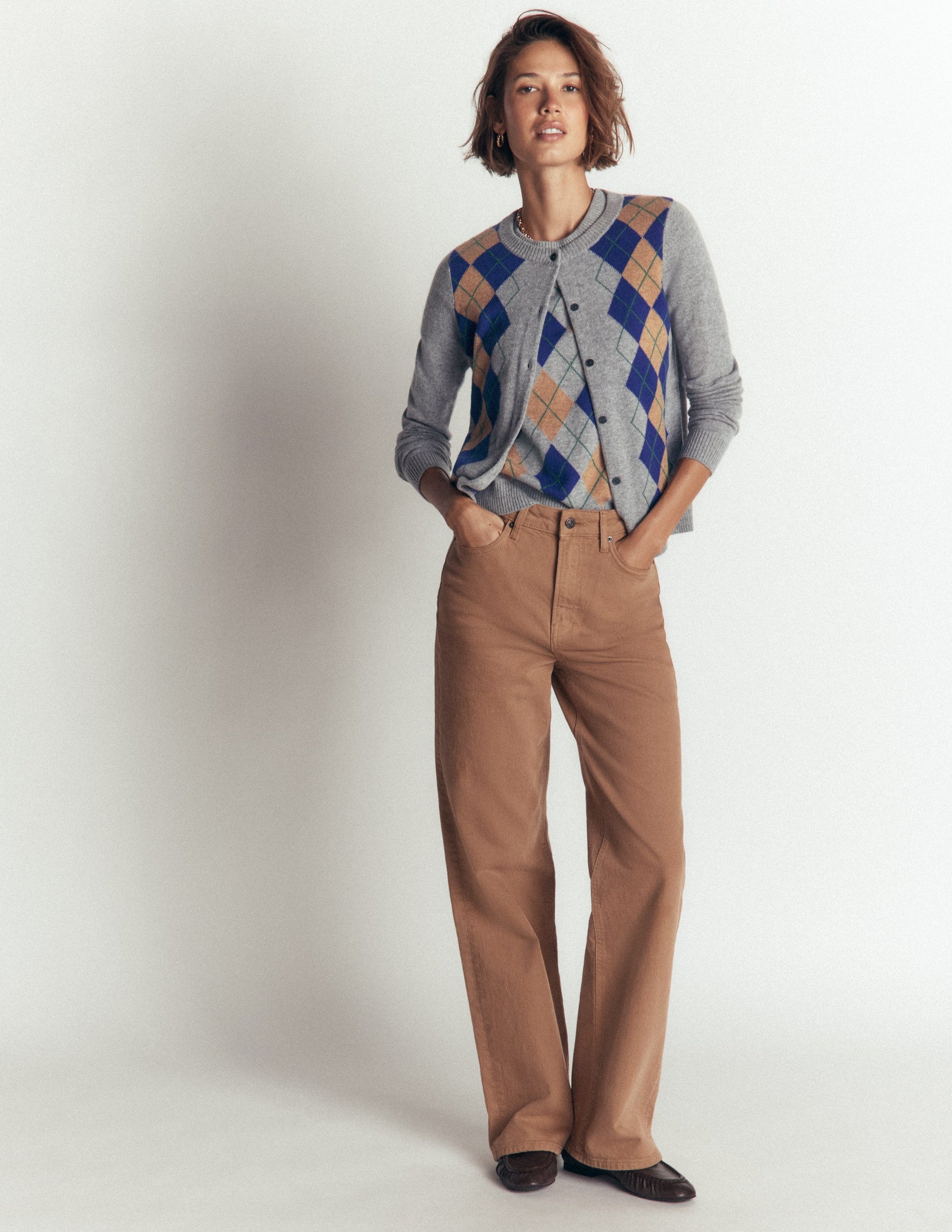 Elsie Kaschmir-Strickjacke mit Rundhalsausschnitt-Grau Argyle-4