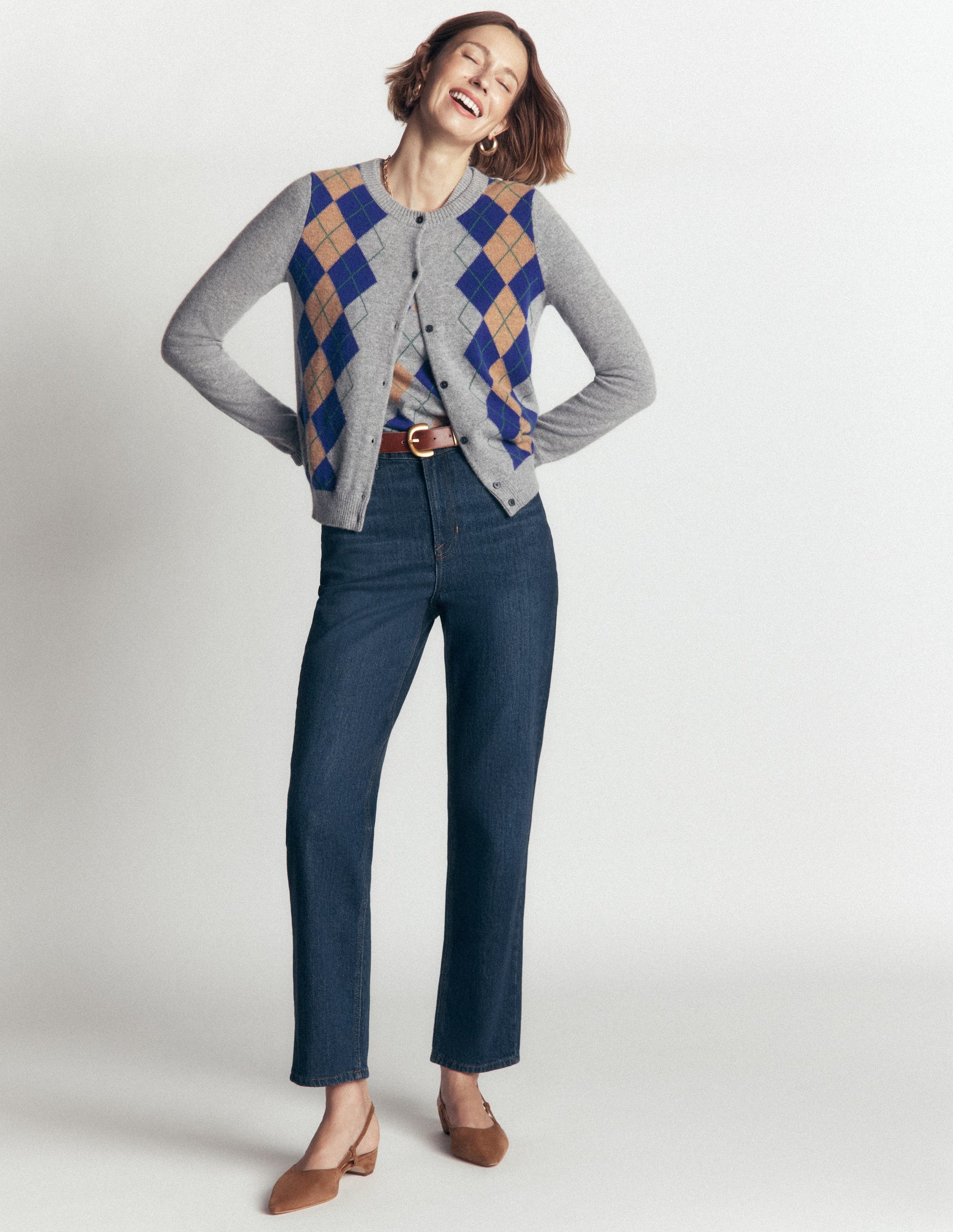 Elsie Kaschmir-Strickjacke mit Rundhalsausschnitt-Grau Argyle-5