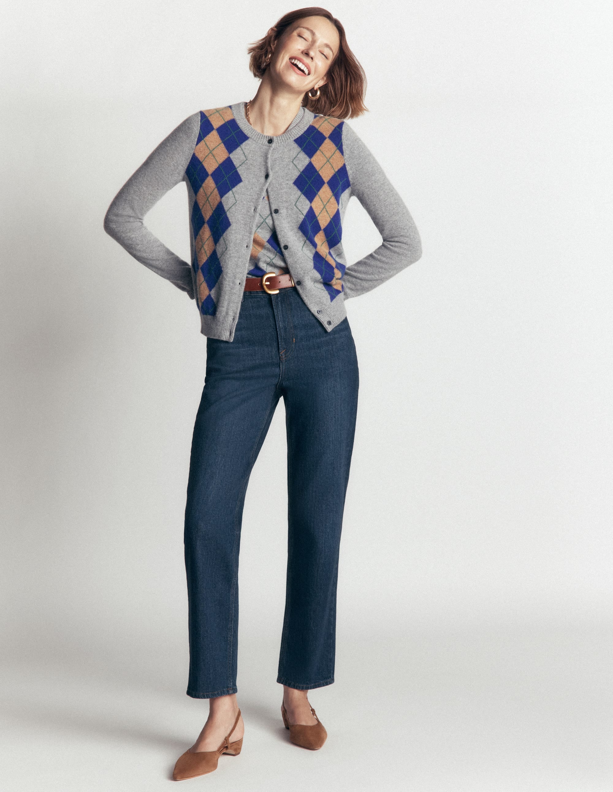 Elsie Kaschmir-Strickjacke mit Rundhalsausschnitt-Grau Argyle - Image 5