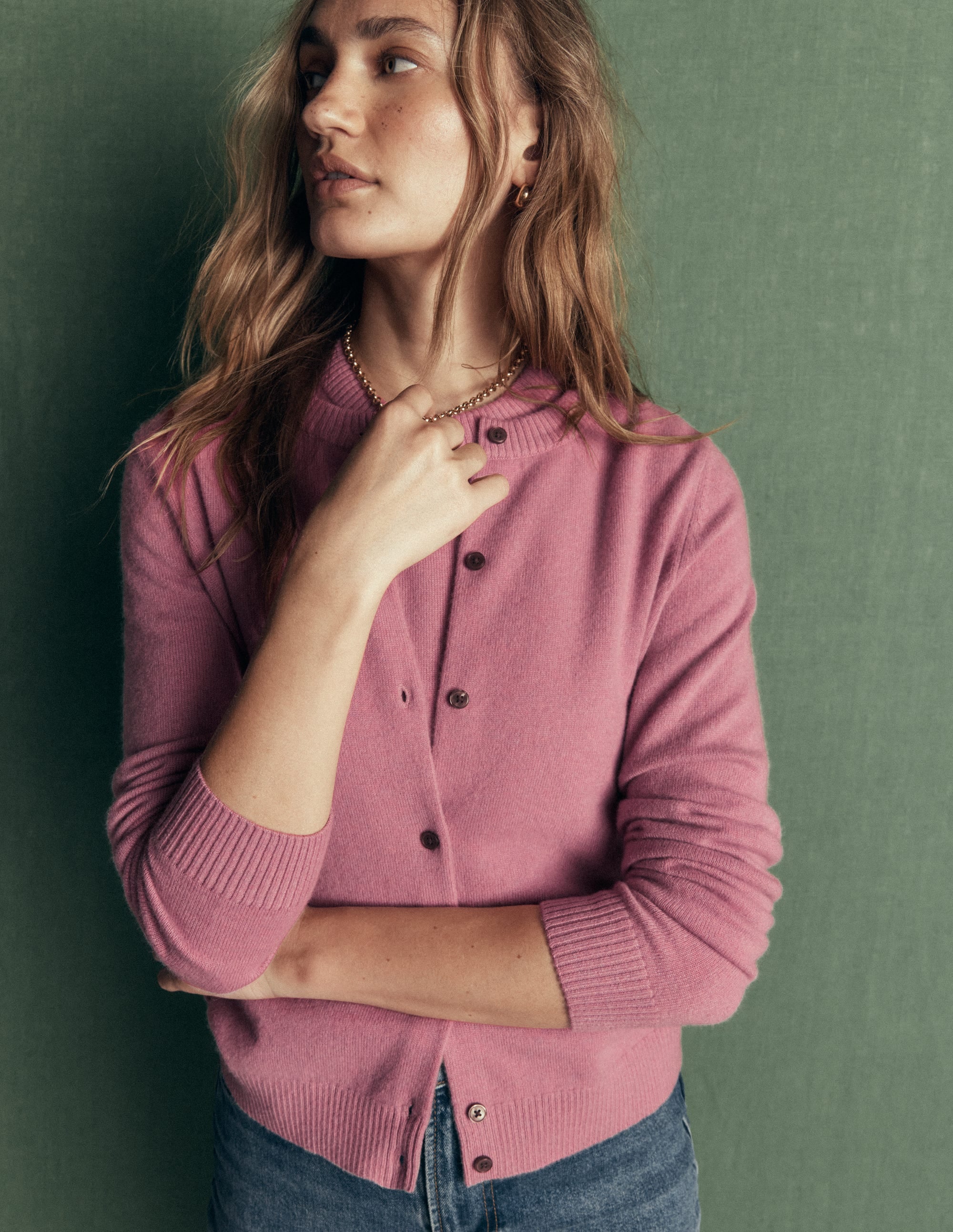 Elsie Kaschmir-Strickjacke mit Rundhalsausschnitt-Rosa Heide - Image 1