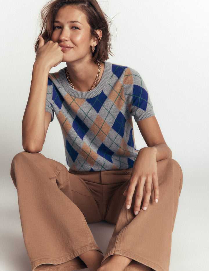 Elsie Cashmere Crew T-shirt-Grey, Argyle