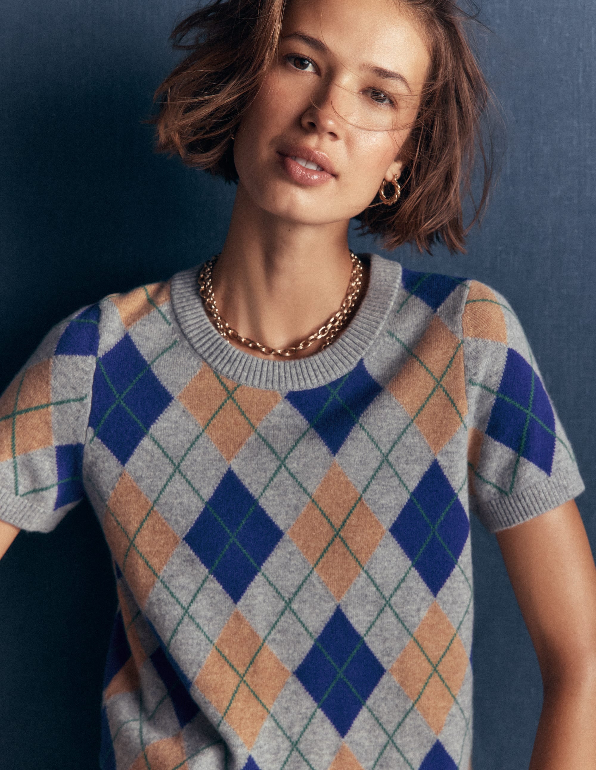 Elsie Kaschmir-T-Shirt mit Rundhalsausschnitt-Grau, Argyle - Image 2