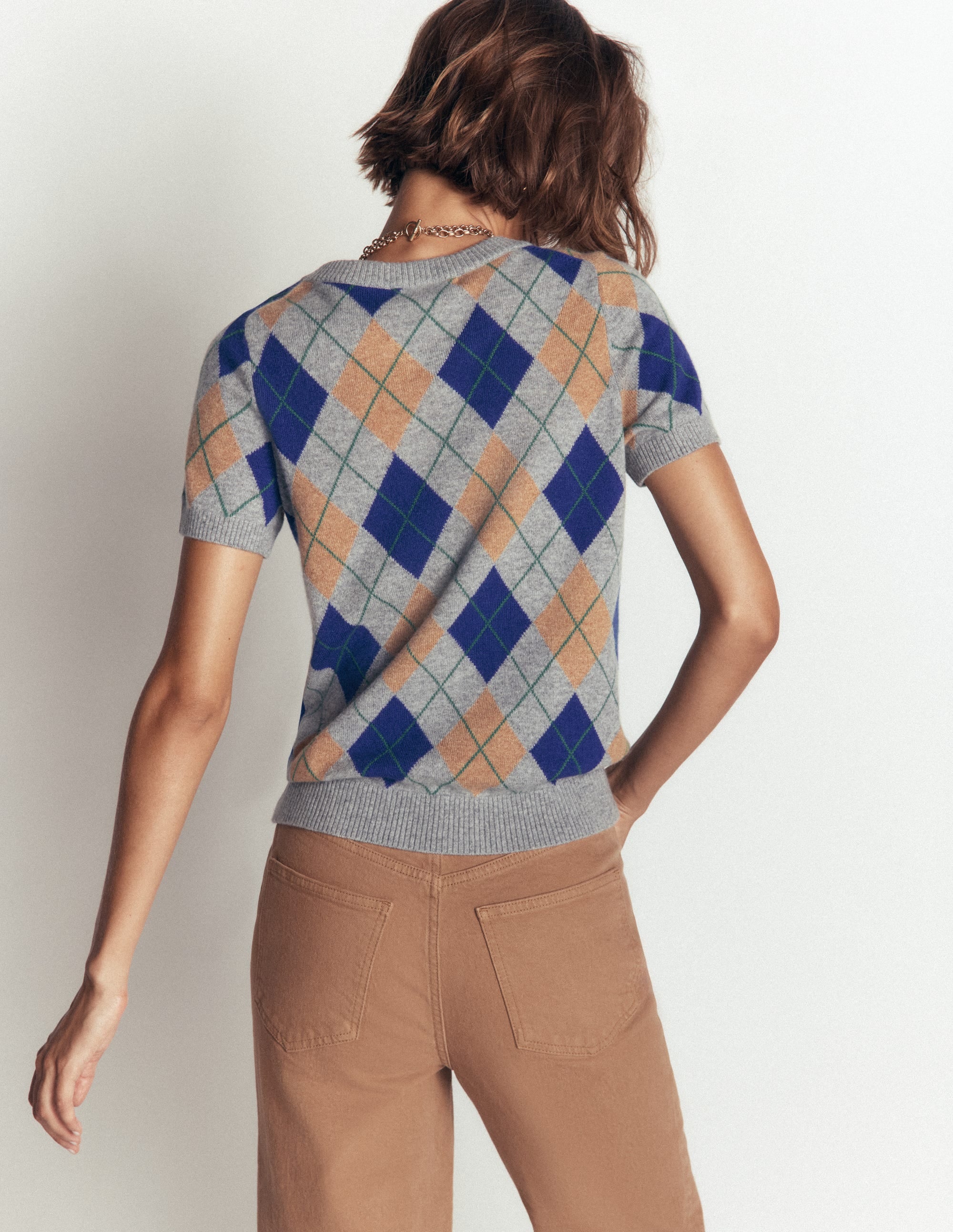 Elsie Kaschmir-T-Shirt mit Rundhalsausschnitt-Grau, Argyle - Image 3