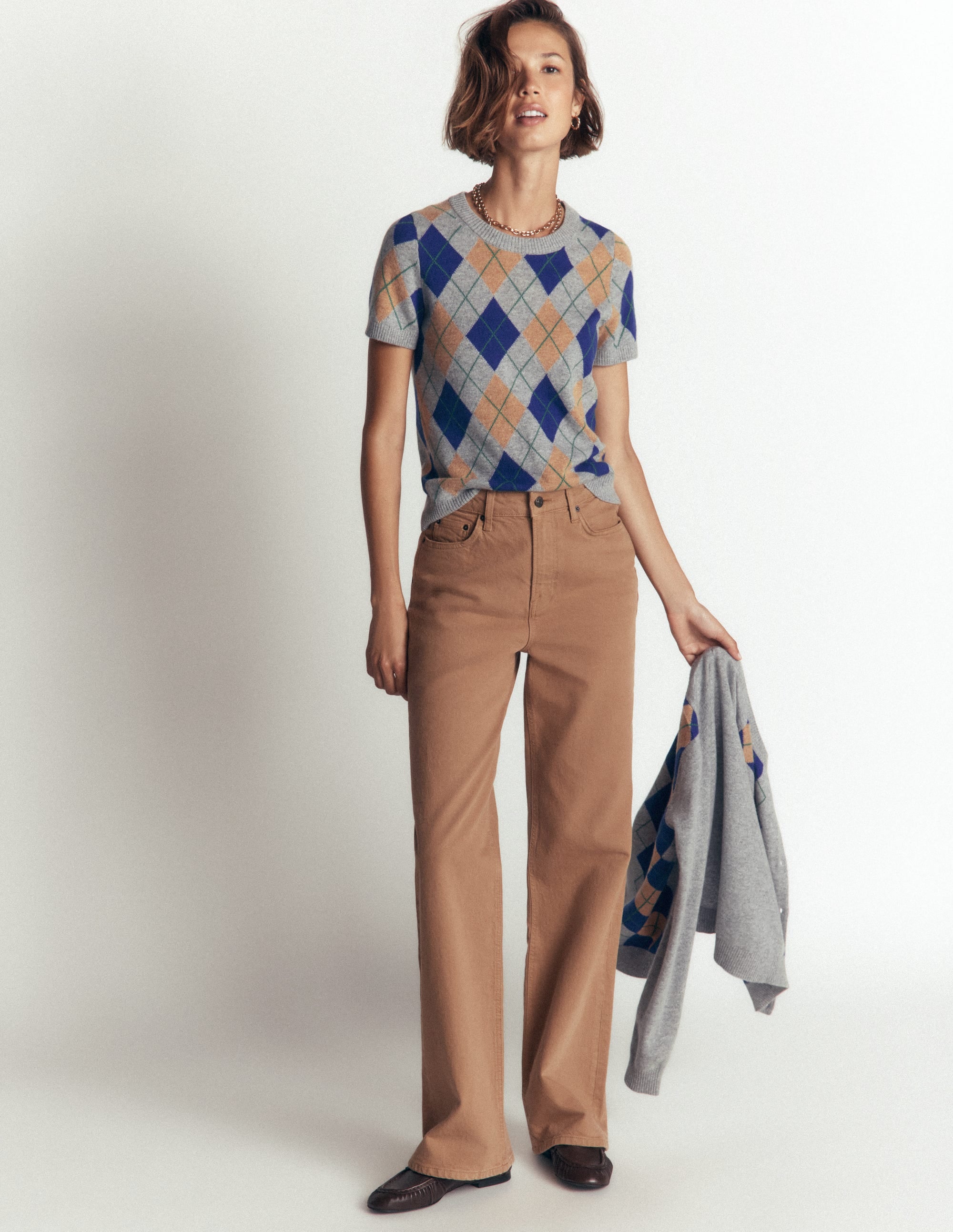 Elsie Kaschmir-T-Shirt mit Rundhalsausschnitt-Grau, Argyle - Image 4