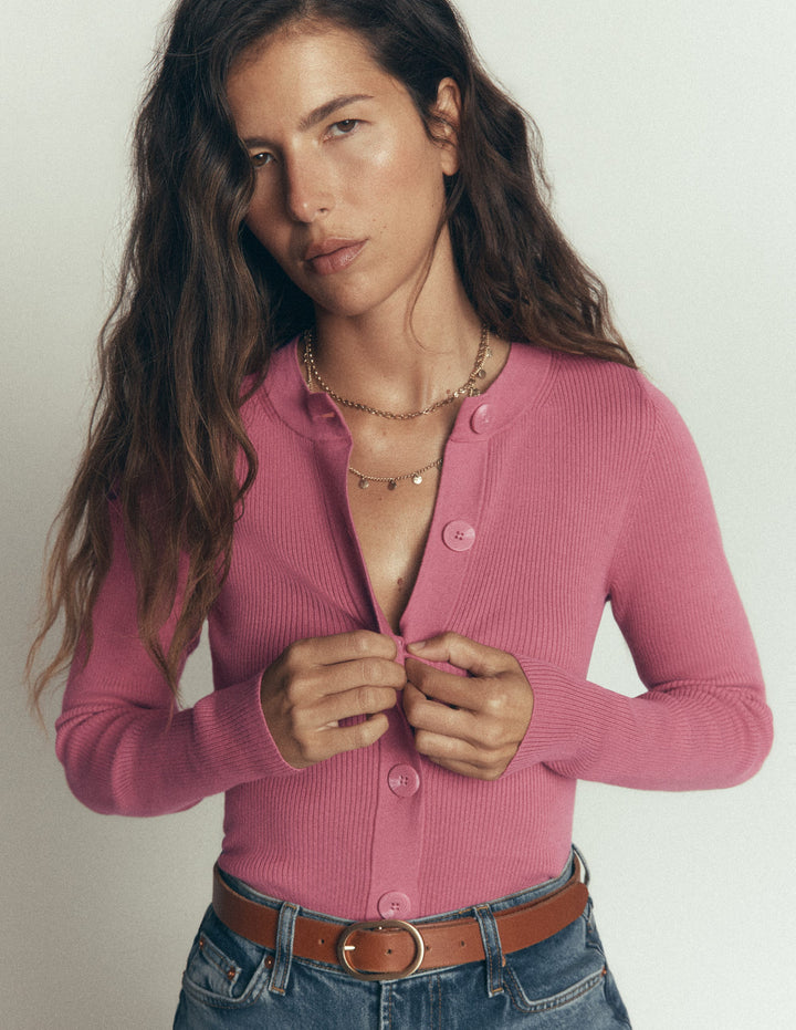 Rhianne Baumwollstrickjacke aus Rippstrick-Rosa Heidekraut