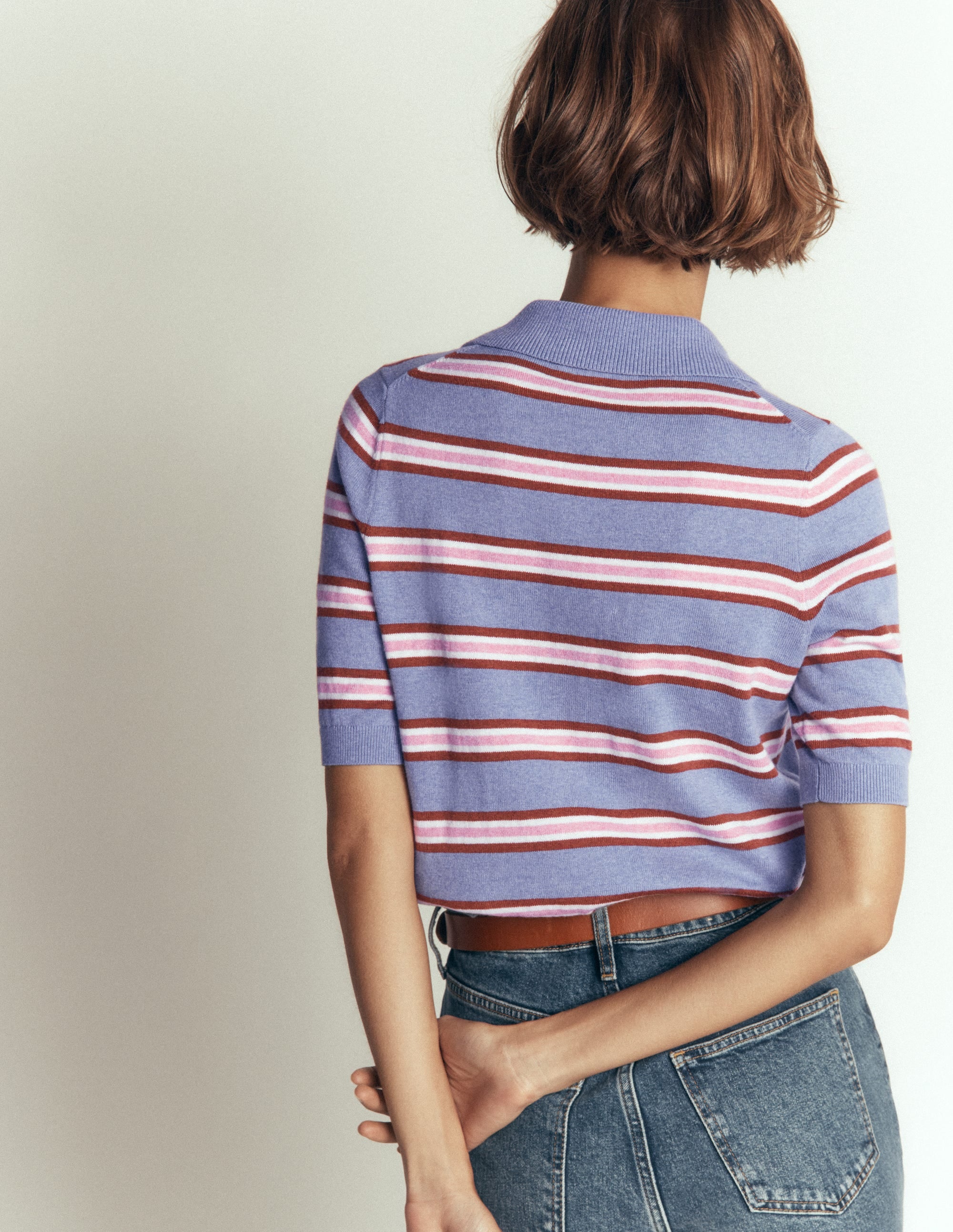 Collared Knitted T-shirt-Blue Aura, Stripe - Image 3