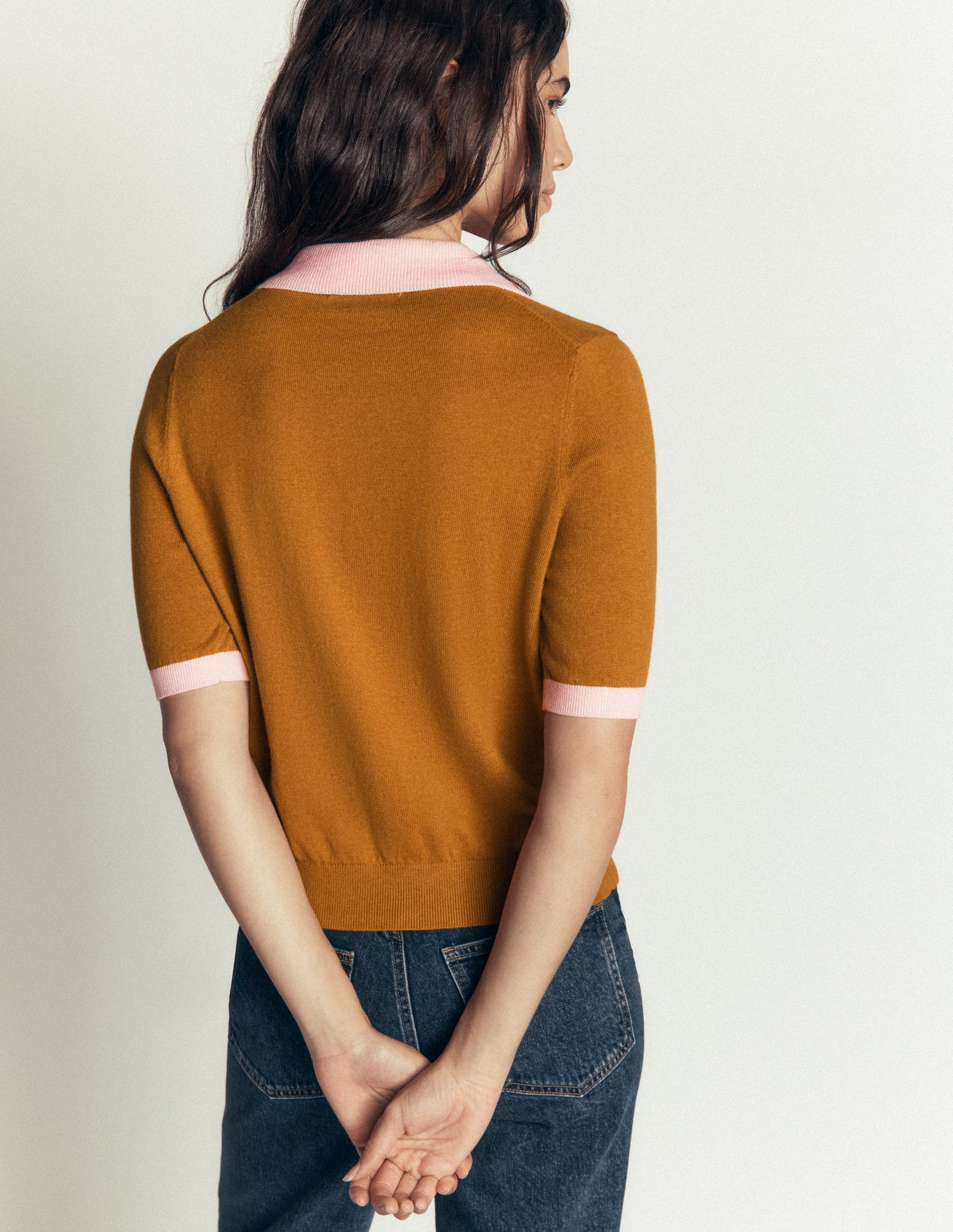 T-shirt en maille à col-Marron caramel-3