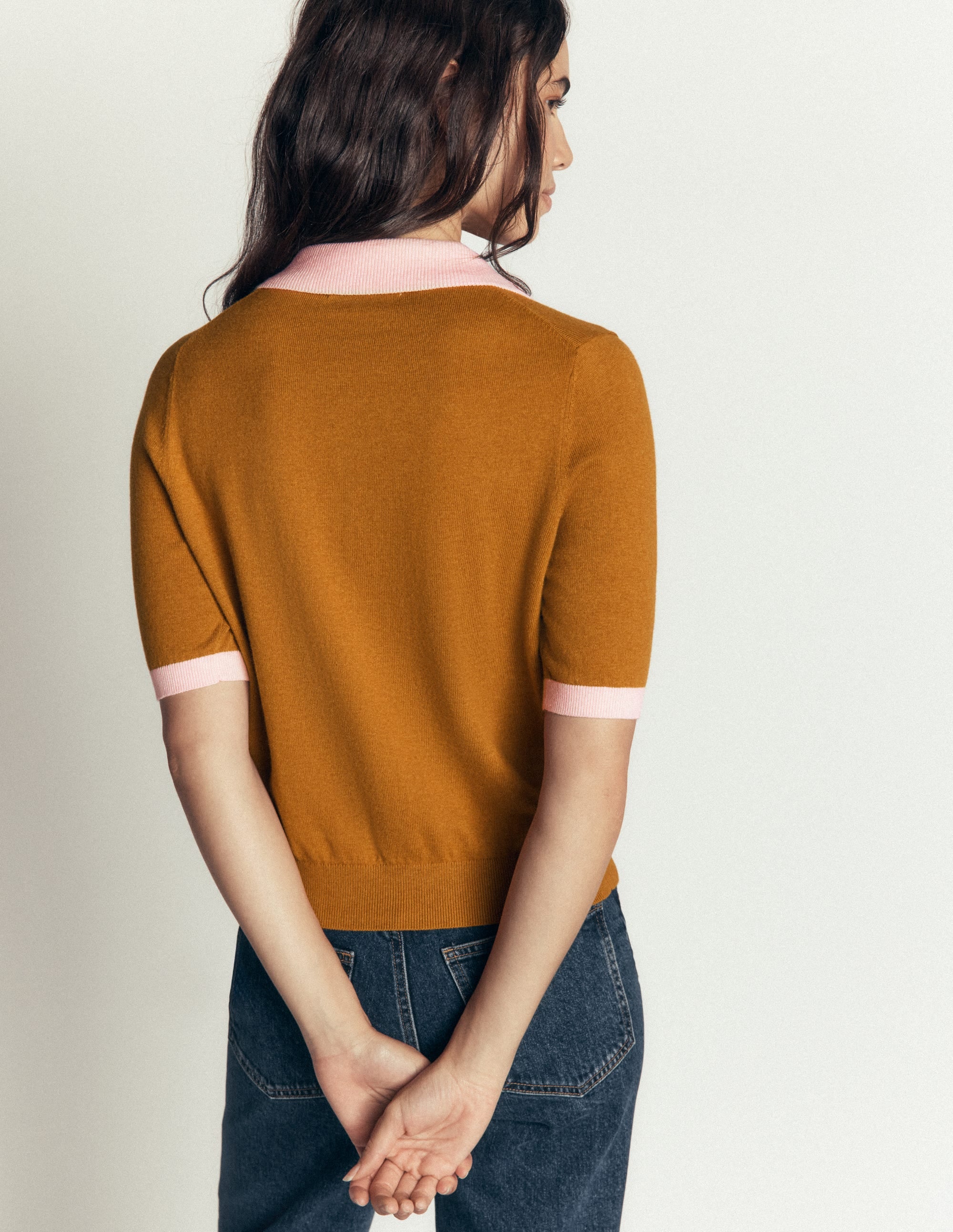 T-shirt en maille à col-Marron caramel - Image 3