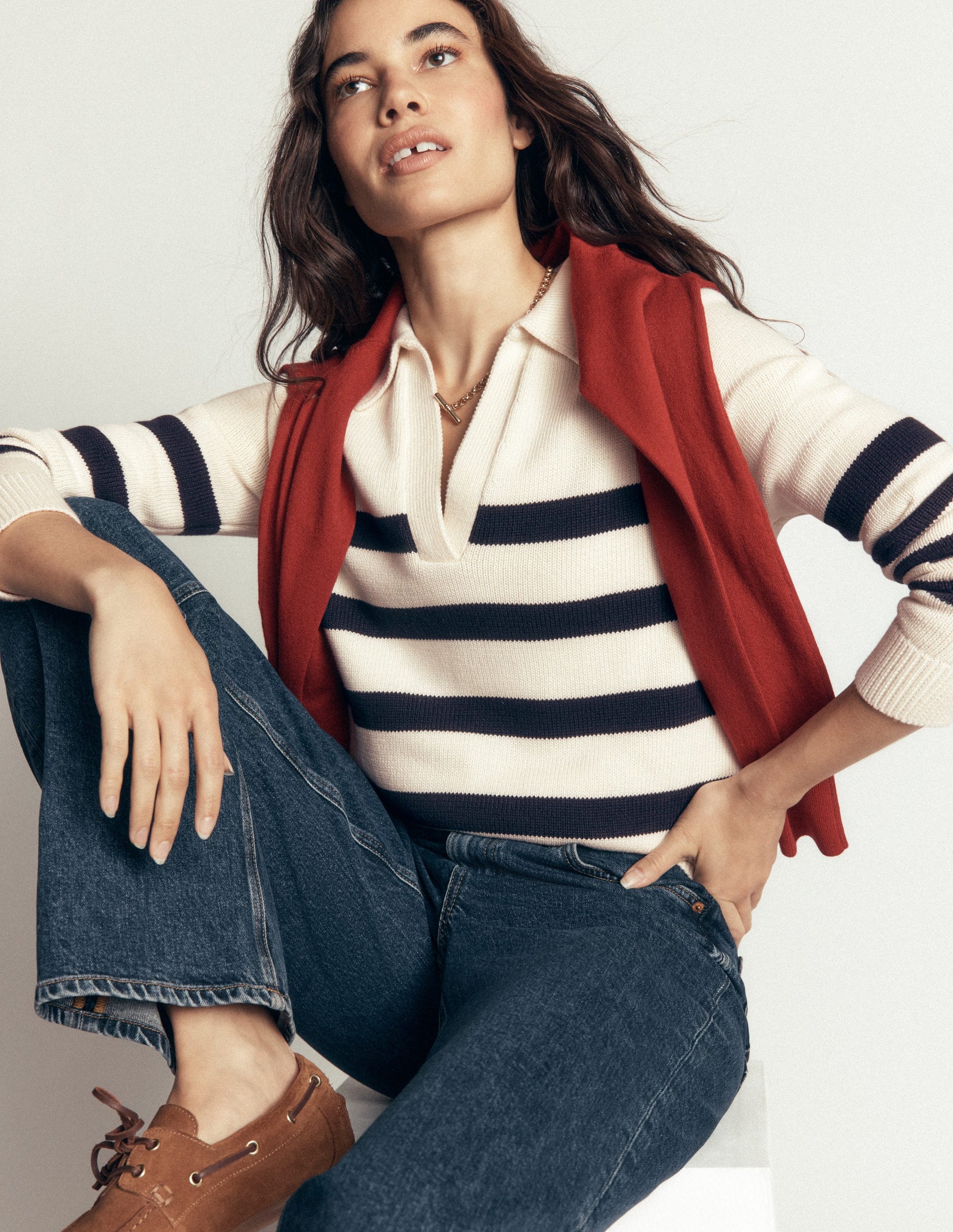 Lucy Henley-Pullover aus Baumwolle-Naturweiß/Navy, Gestreift-1