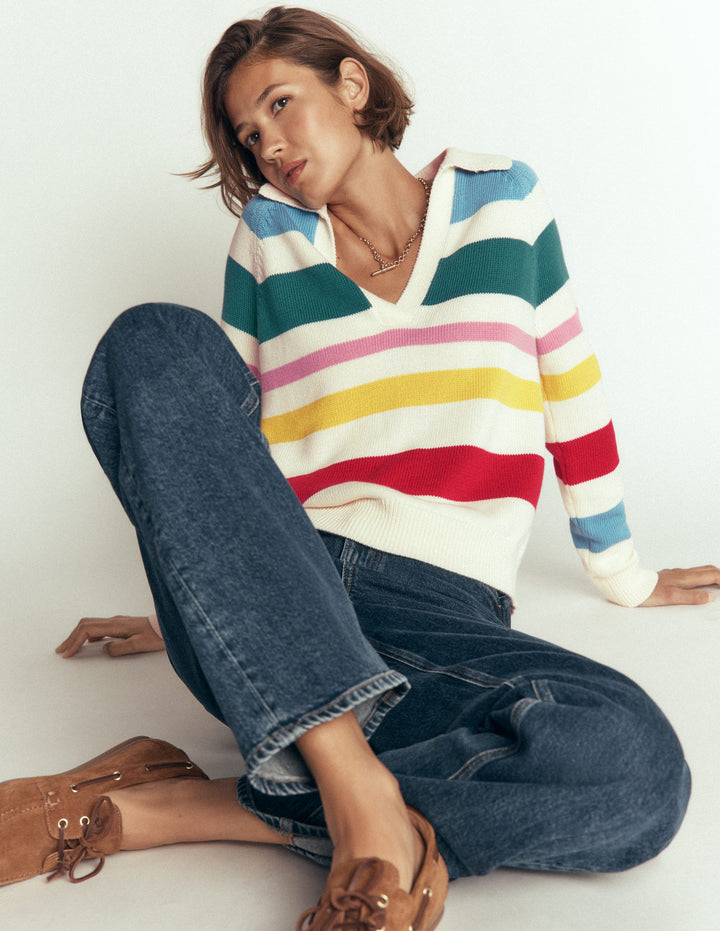 Lucy Henley-Pullover aus Baumwolle-Ackerbohnengrün/Pink, Gestreift