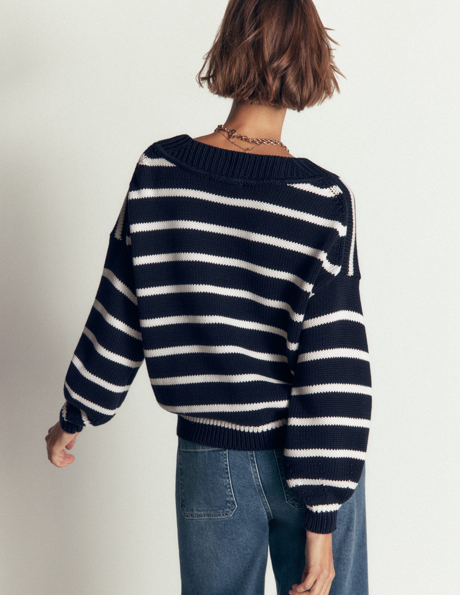Lucy Baumwollpullover mit V-Ausschnitt-Marineblau, Naturweiß-3