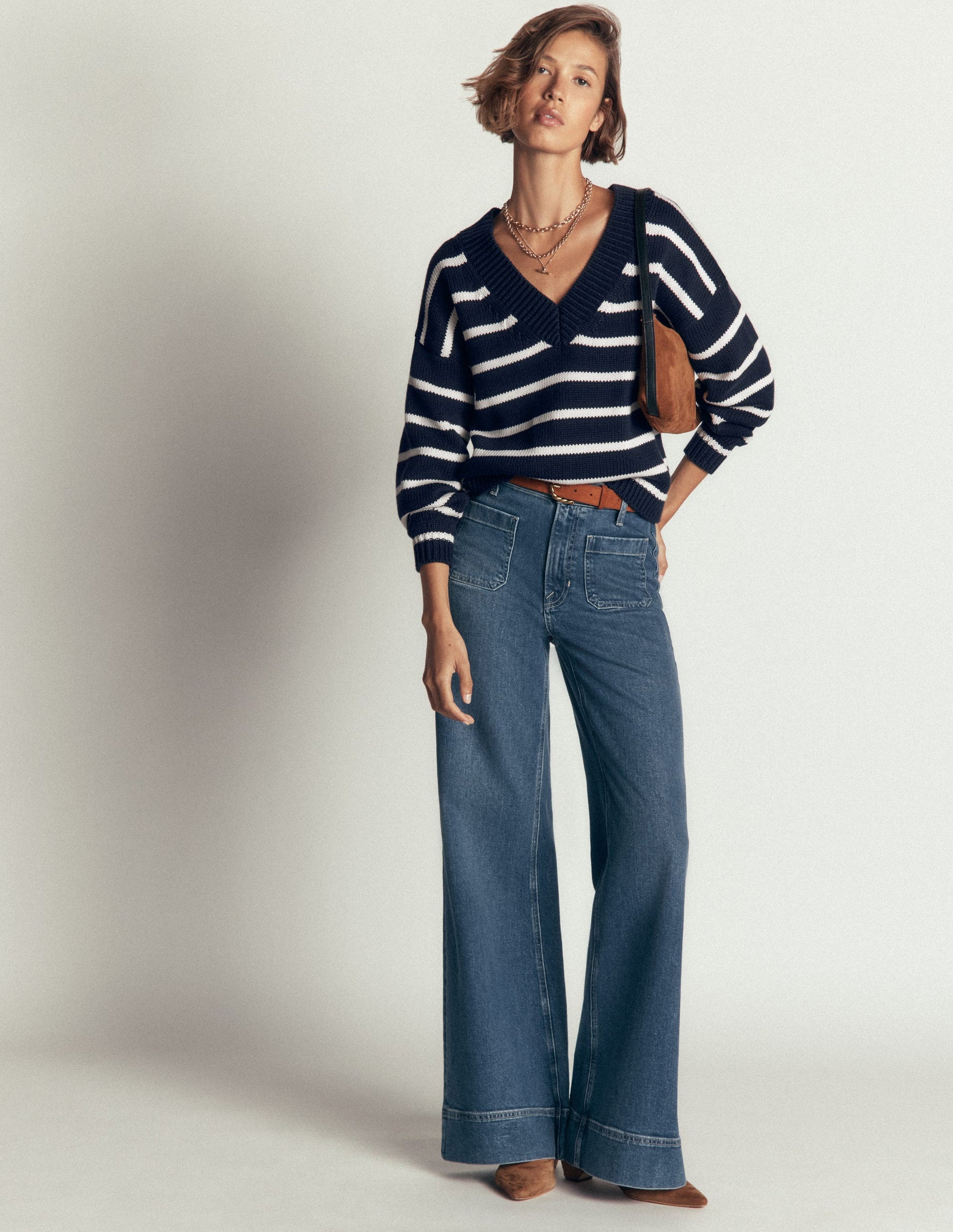 Lucy Baumwollpullover mit V-Ausschnitt-Marineblau, Naturweiß-4