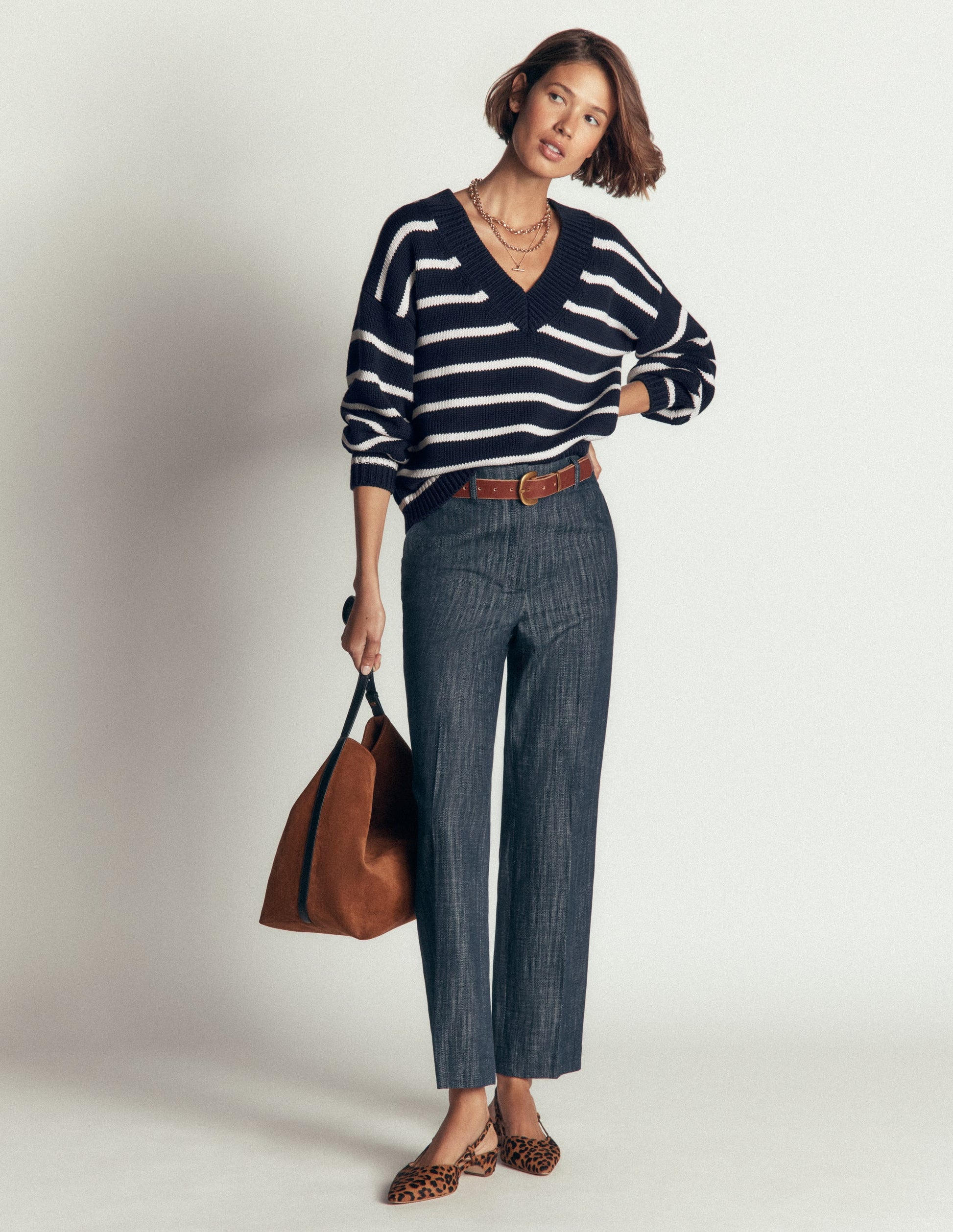 Lucy Baumwollpullover mit V-Ausschnitt-Marineblau, Naturweiß-6