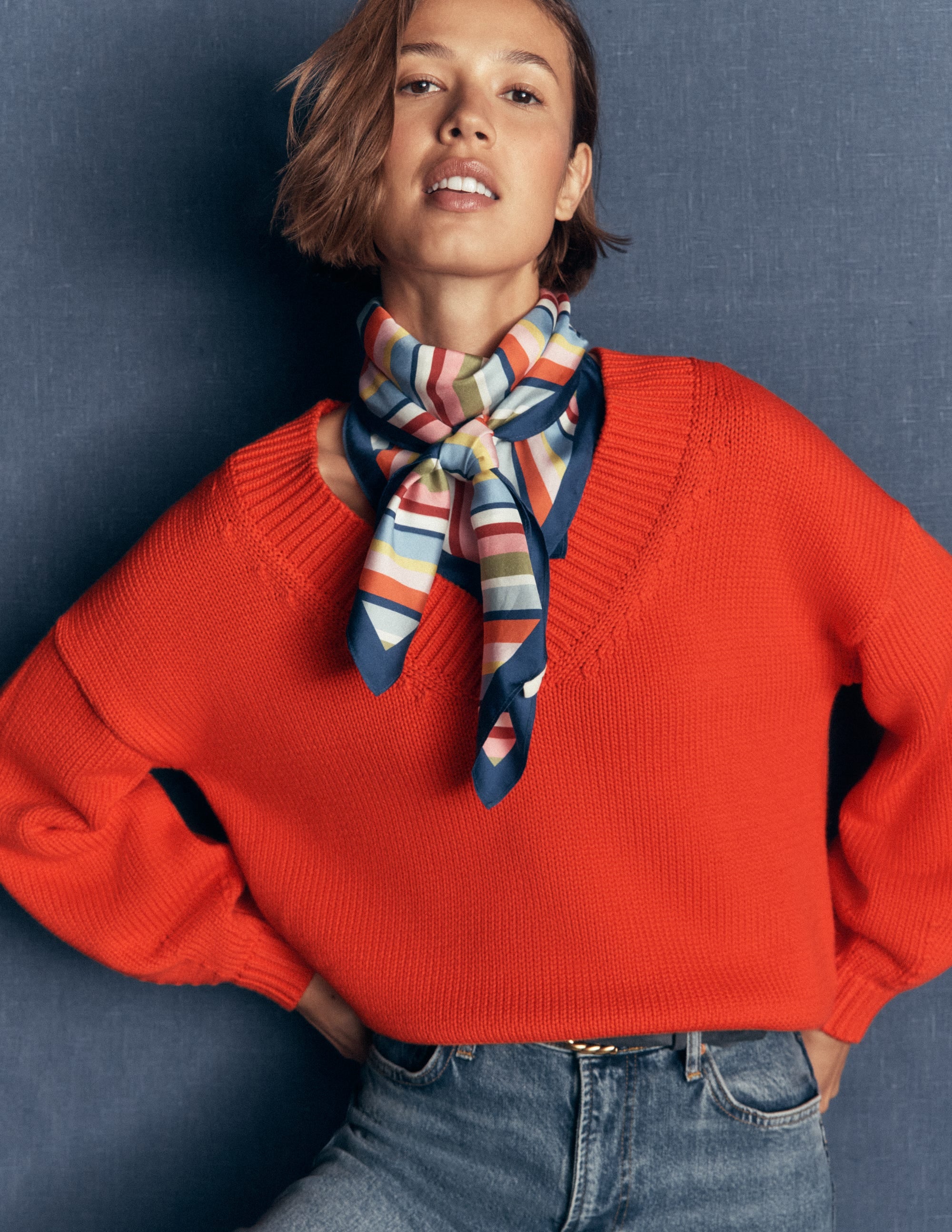 Lucy Baumwollpullover mit V-Ausschnitt-Abendrot-Orange - Image 1