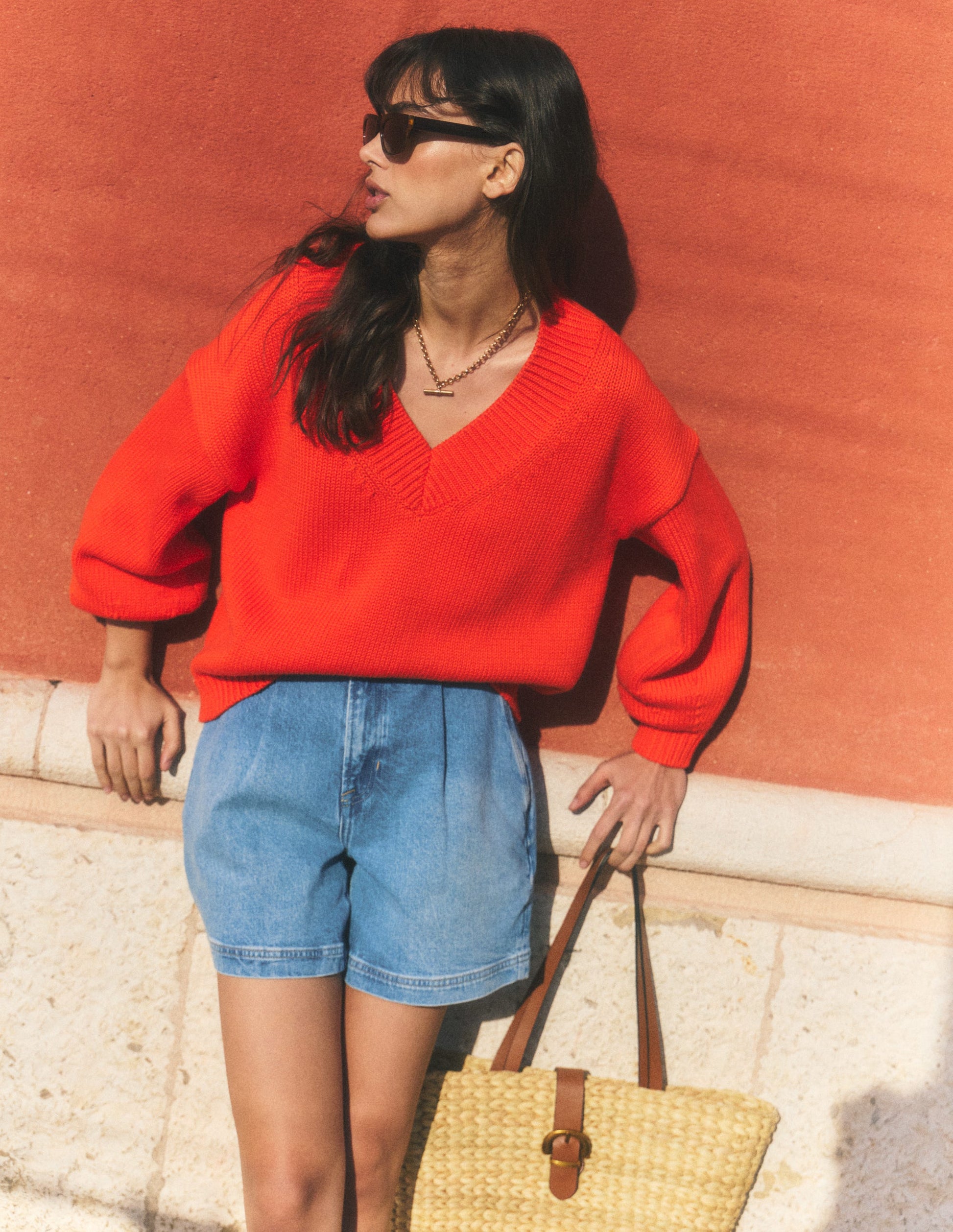 Lucy Baumwollpullover mit V-Ausschnitt-Abendrot-Orange-7