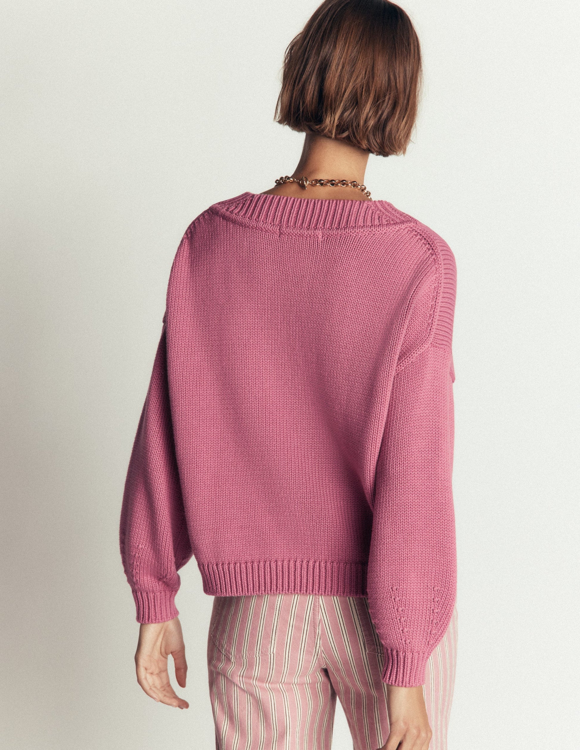 Pull Lucy à col V en coton-Bruyère rose-4