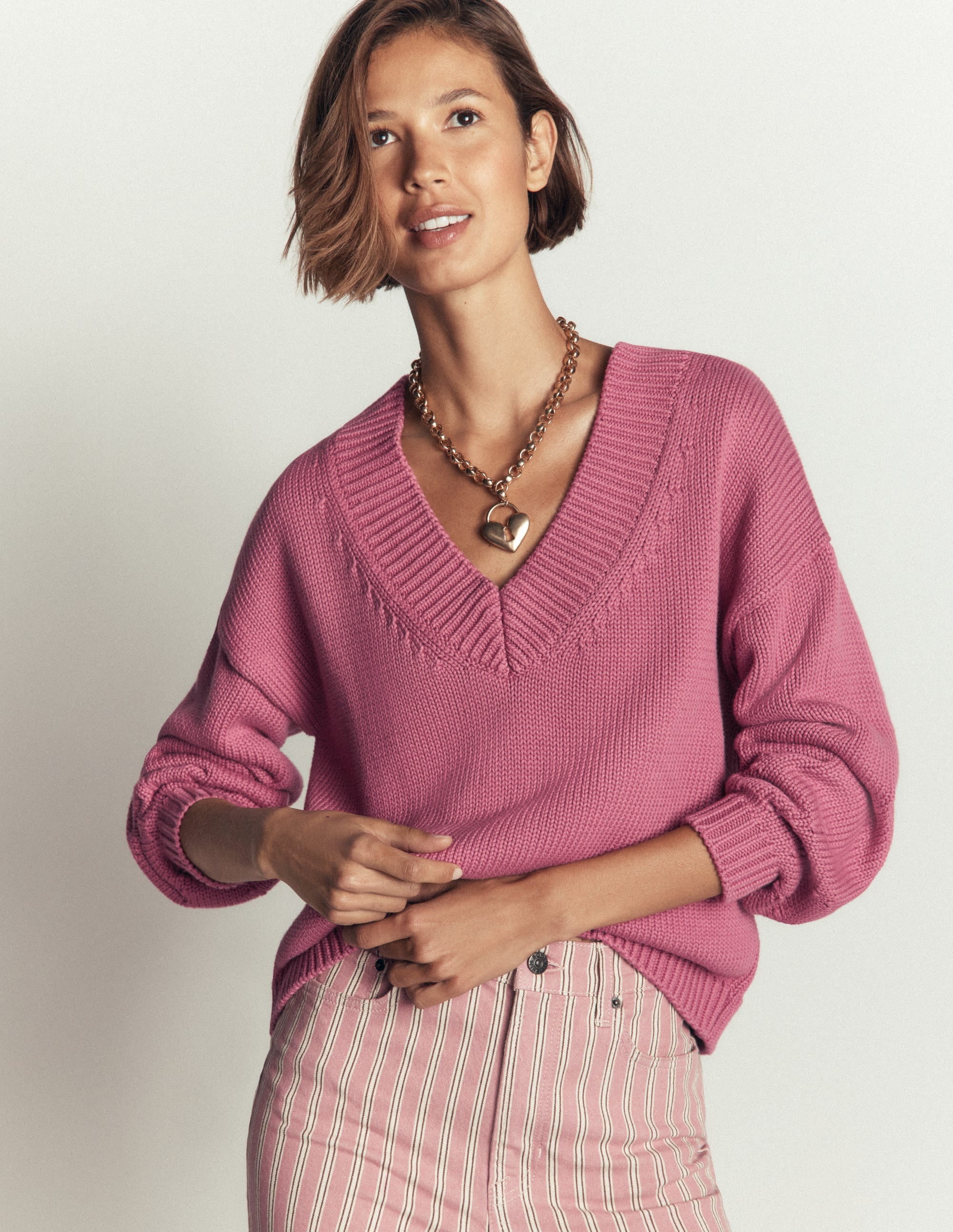 Pull Lucy à col V en coton-Bruyère rose - Image 6