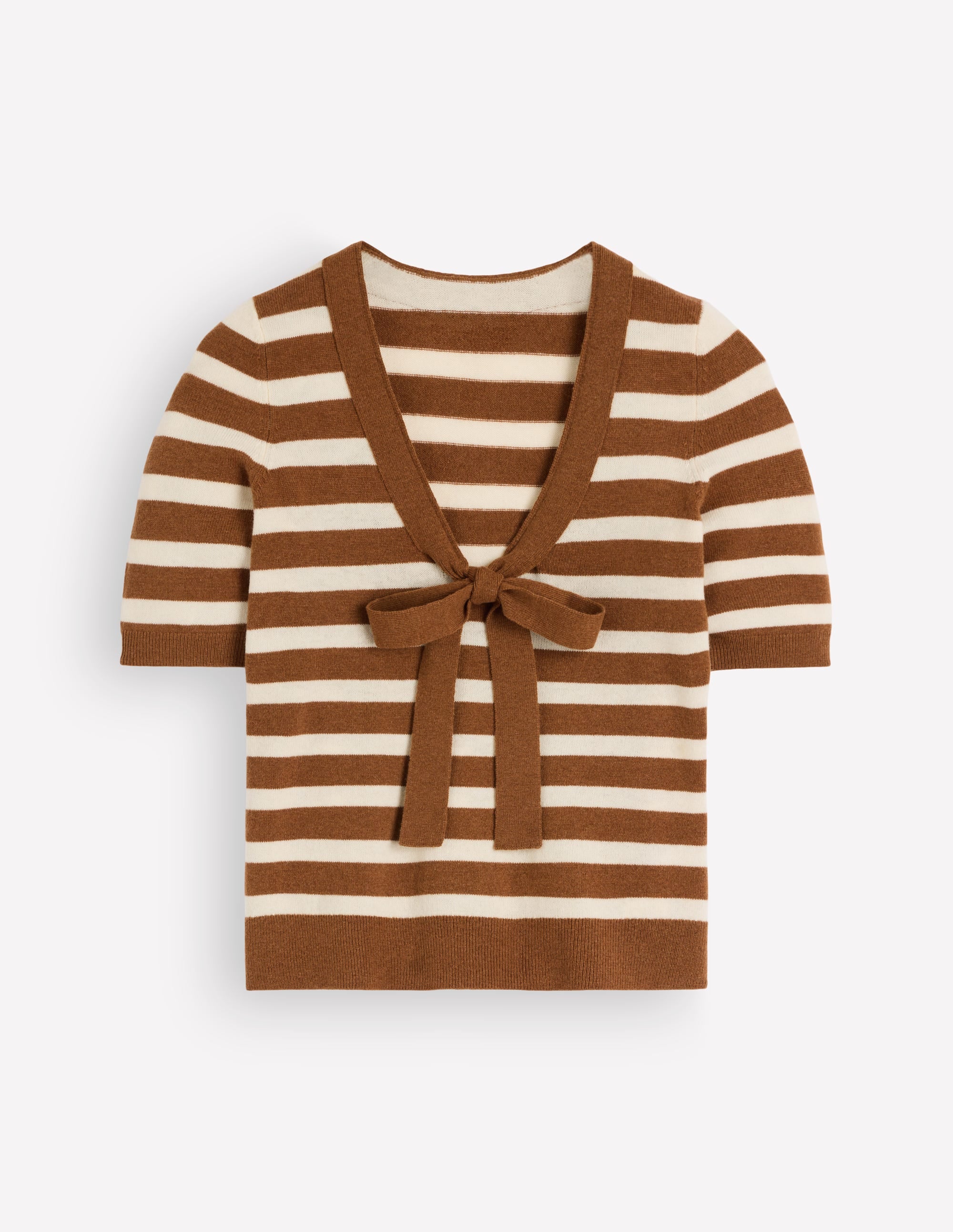 Bow Neck Knitted T-shirt-Gingerbread, Ivory Stripe - Image 6