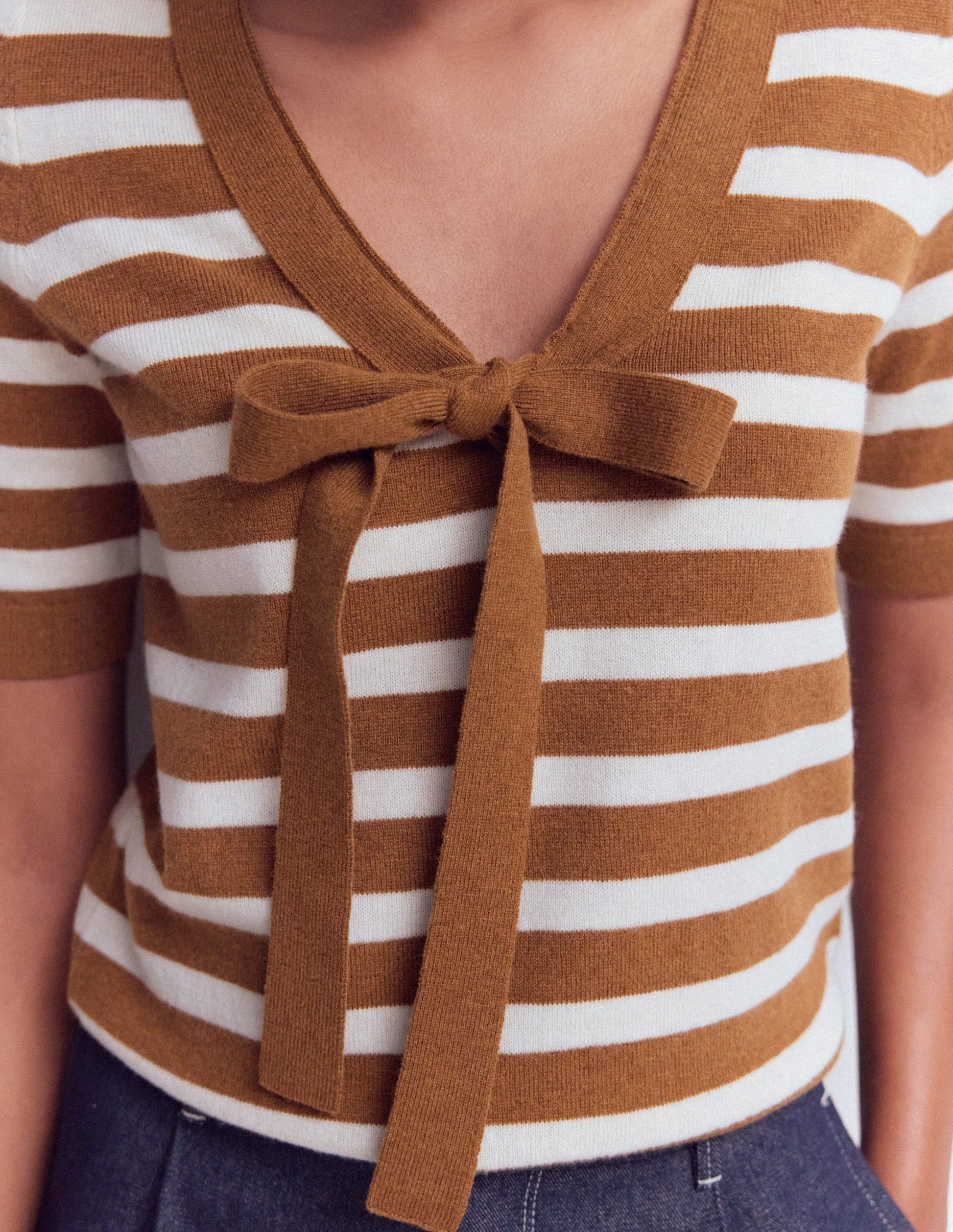 Bow Neck Knitted T-shirt-Gingerbread, Ivory Stripe-2