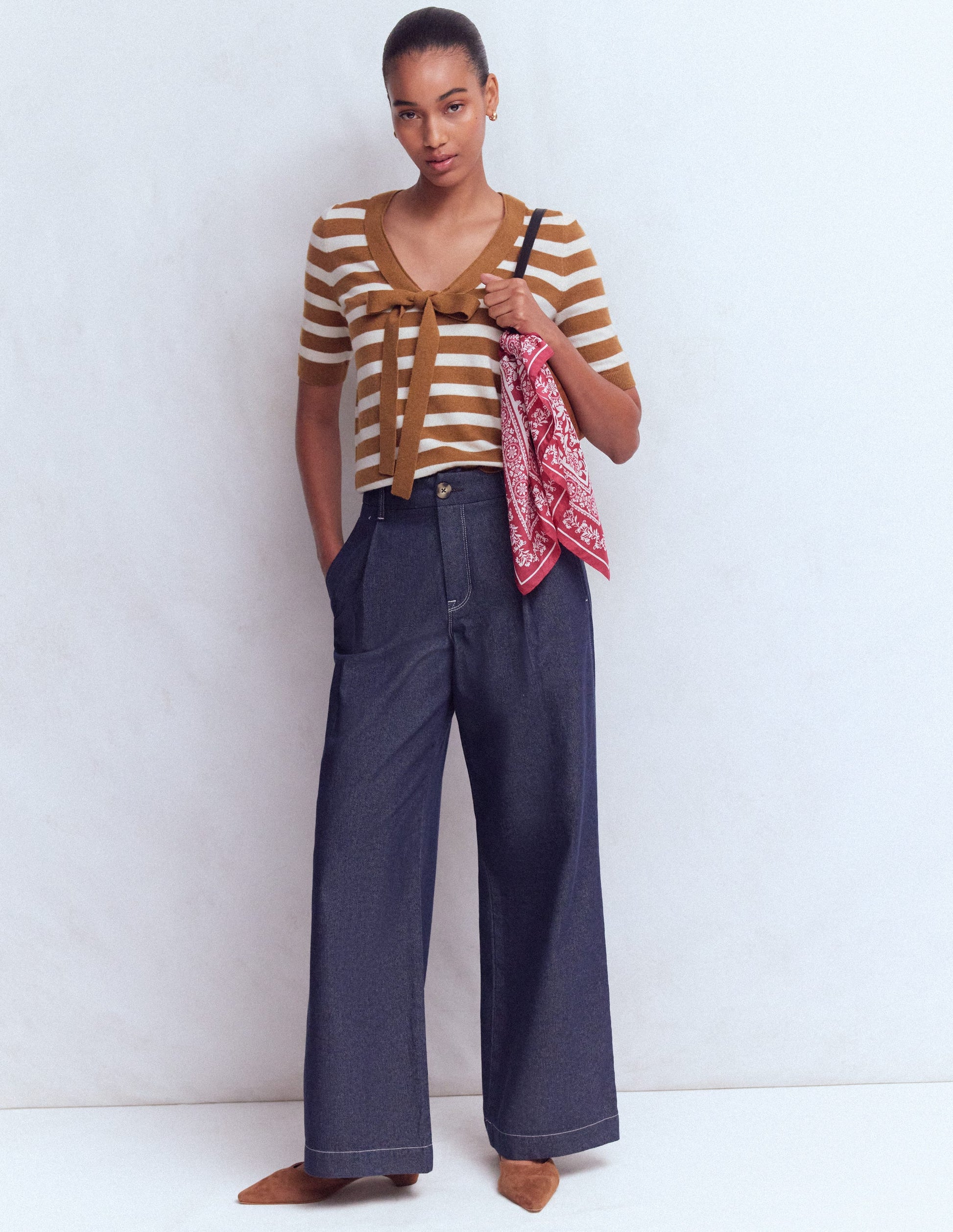 Bow Neck Knitted T-shirt-Gingerbread, Ivory Stripe-4