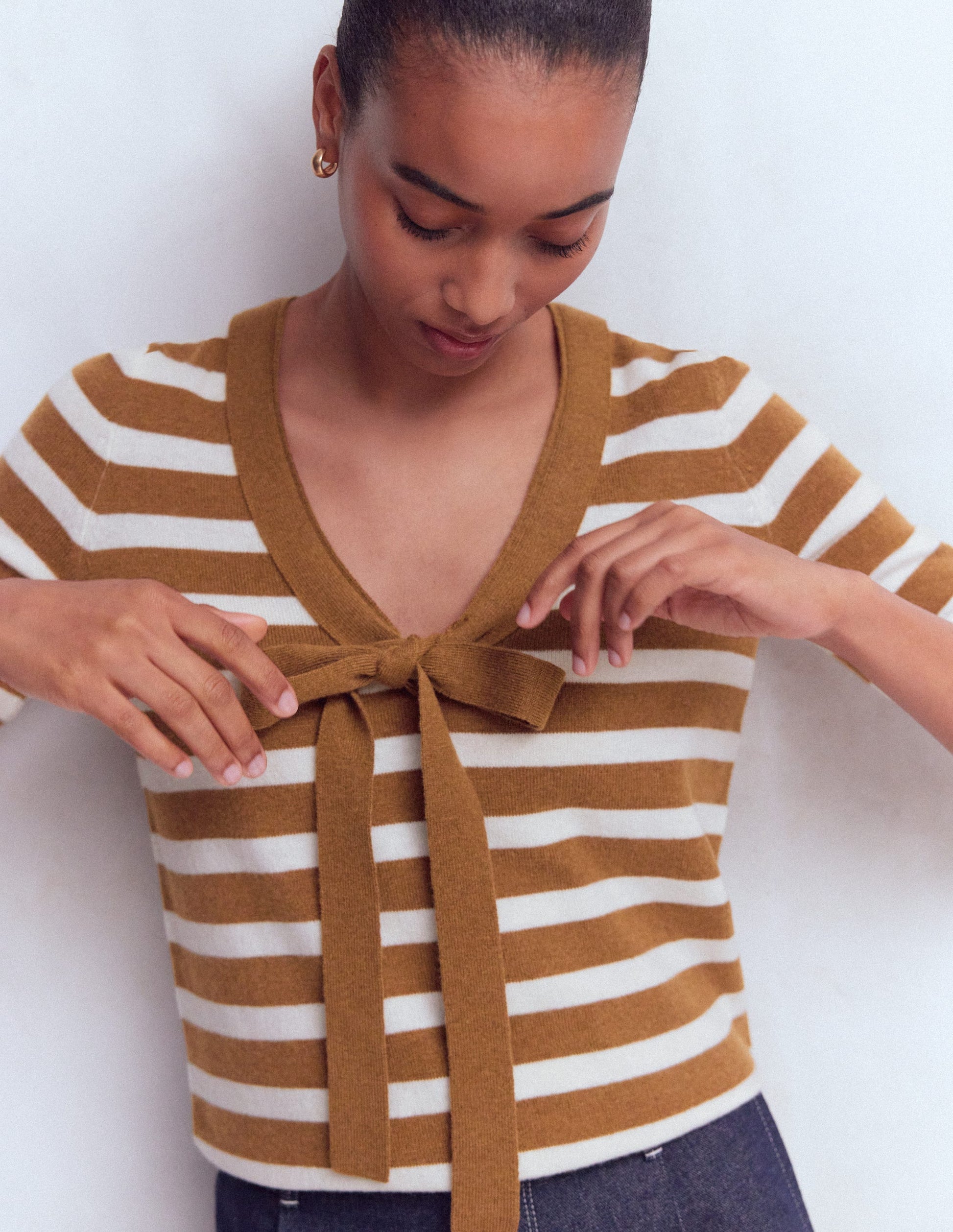 Bow Neck Knitted T-shirt-Gingerbread, Ivory Stripe-5